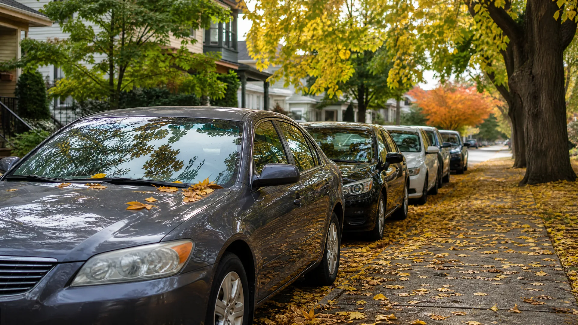 A row of cars parked along a residential street curb, with fallen yellow leaves covering the sidewalk and car hoods beneath large trees.