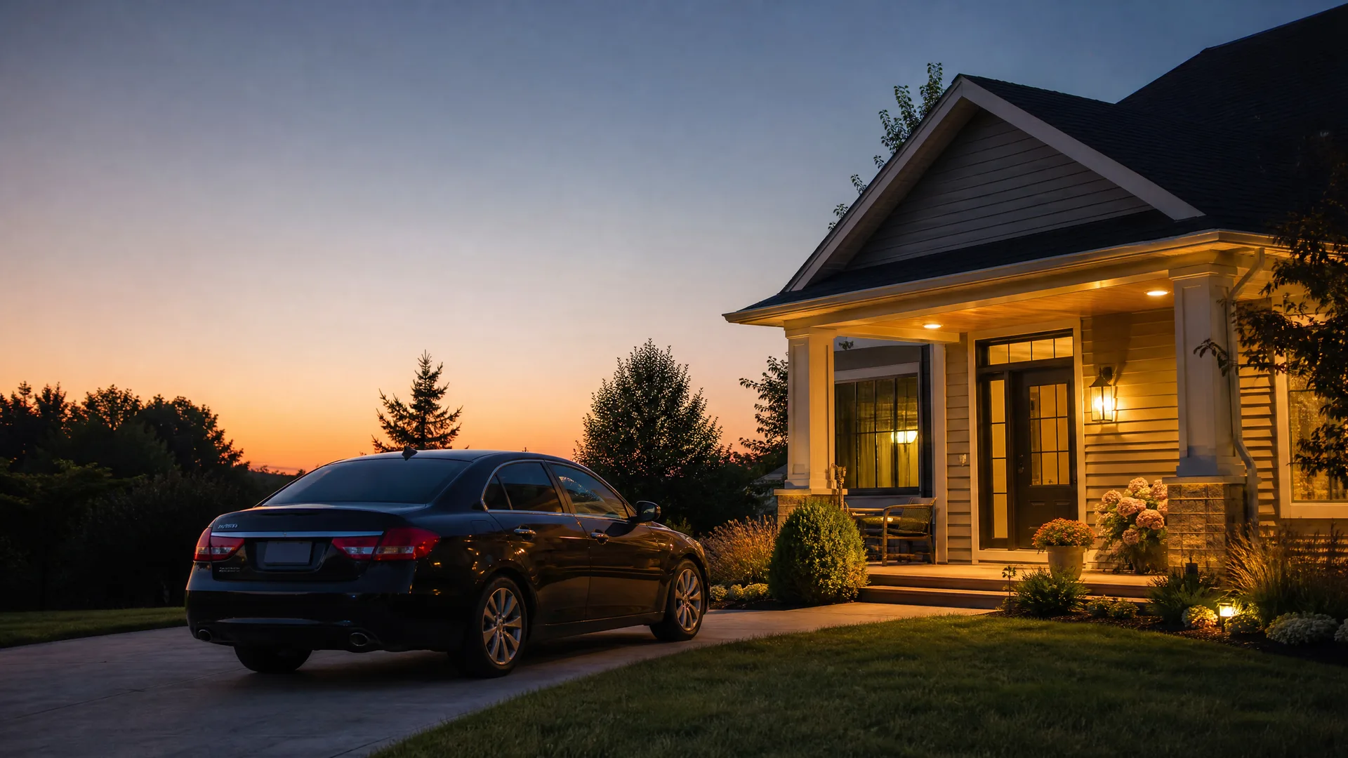 A dark sedan parked on a driveway beside a house with a lit covered porch, horizontal siding and stone column bases, photographed at dusk with an orange sky behind trees.
