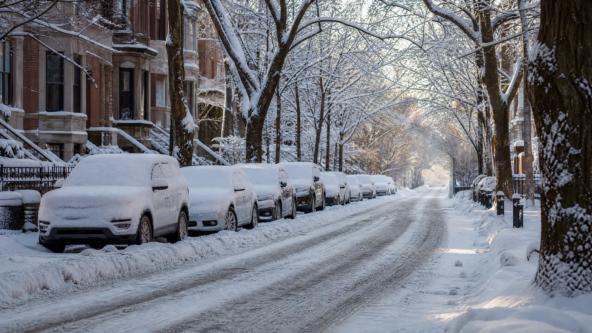 A snow-covered residential street lined with parked cars buried under snow, bare trees, and brick row houses, with tire tracks in the roadway.