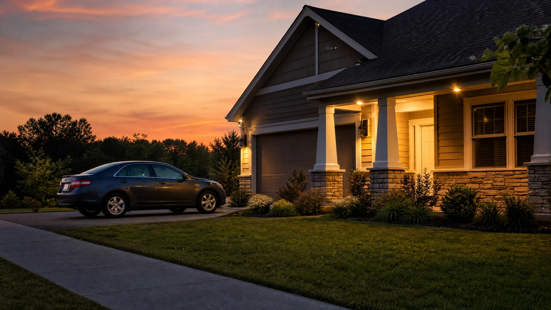 A dark sedan parked on a driveway beside a single-story house with lit exterior soffit lights, a closed garage door, stone-based porch columns and lap siding, at dusk with an orange sky.