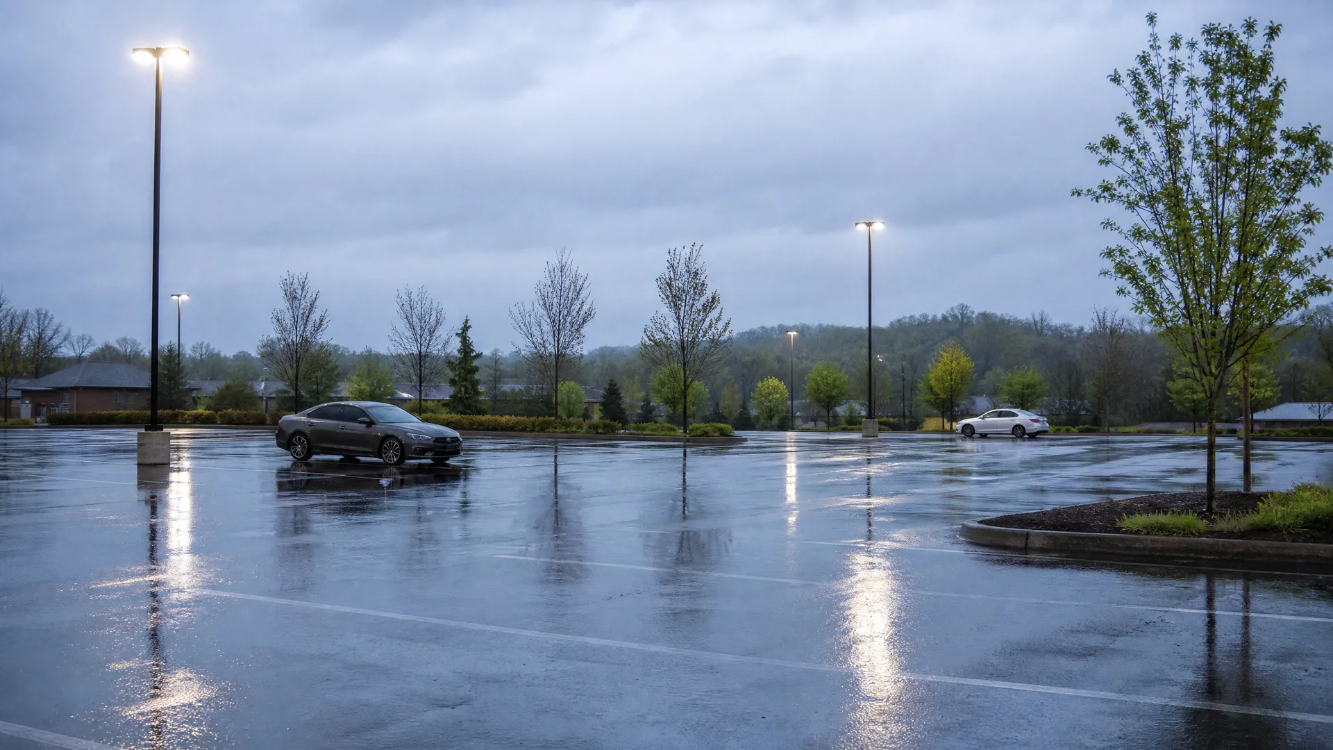 A nearly empty wet parking lot at dusk with two parked cars, lit light poles reflecting on the pavement, trees and a low building in the background under an overcast sky.