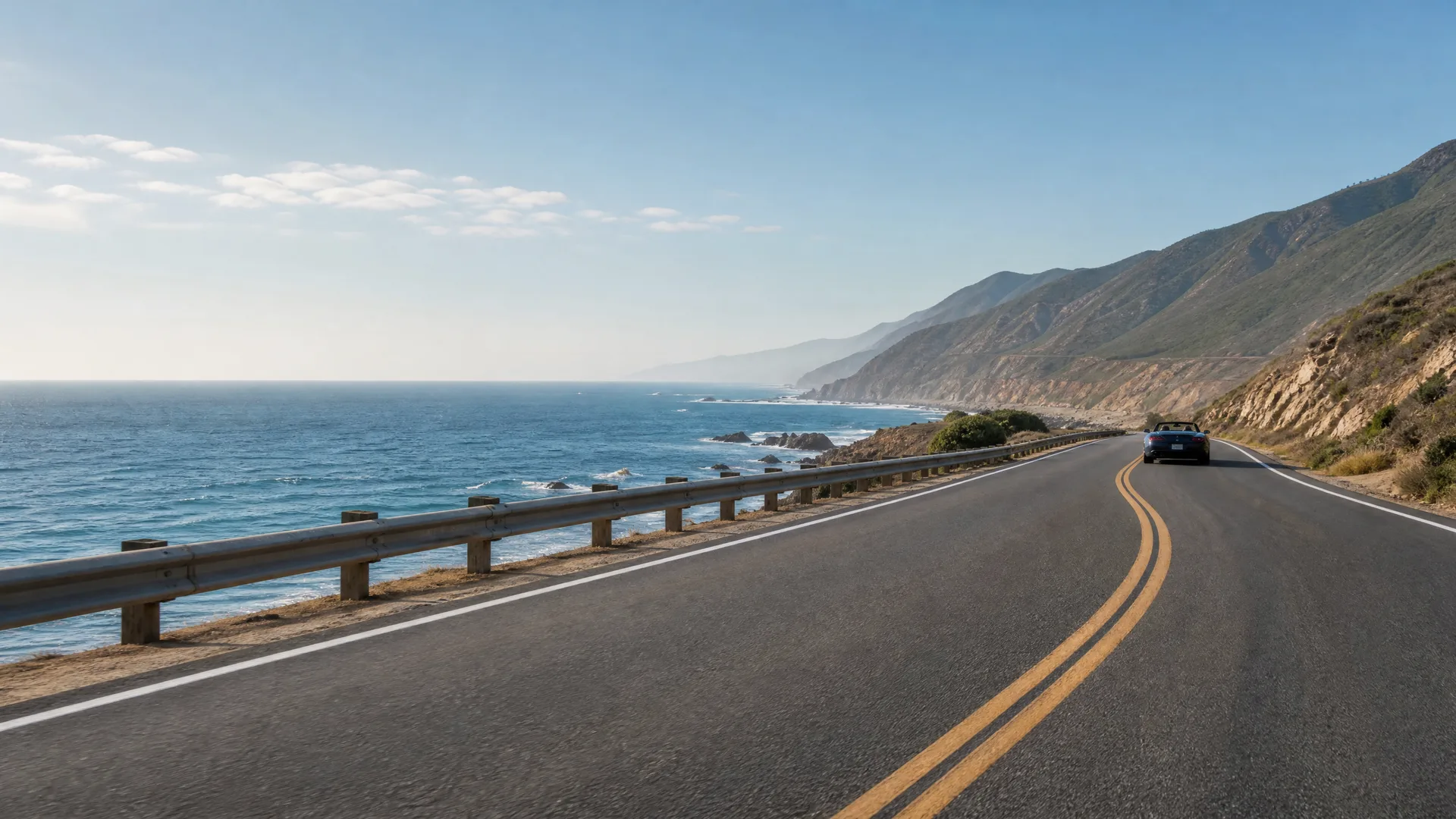 A two-lane coastal highway with double yellow center lines curves along a cliff edge lined by a metal guardrail, with the ocean on the left, hills on the right, and a single dark car driving ahead.