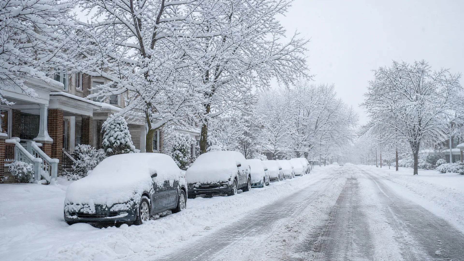 A snow-covered residential street lined with snow-buried parked cars, bare snow-laden trees, and a brick house with a porch on the left.