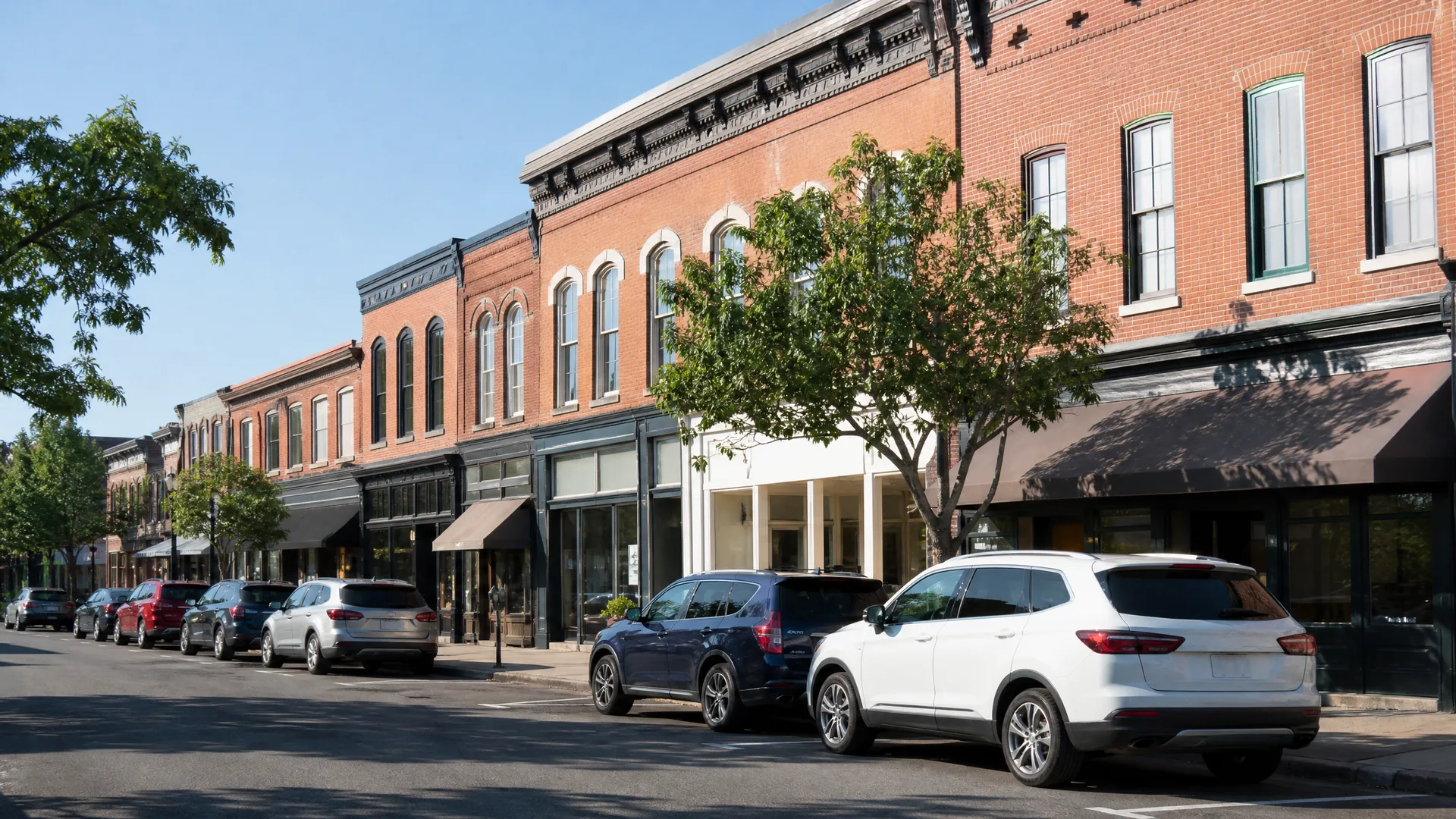 A row of two-story brick commercial buildings with awnings and storefronts along a street lined with parked cars and green trees under a clear sky.