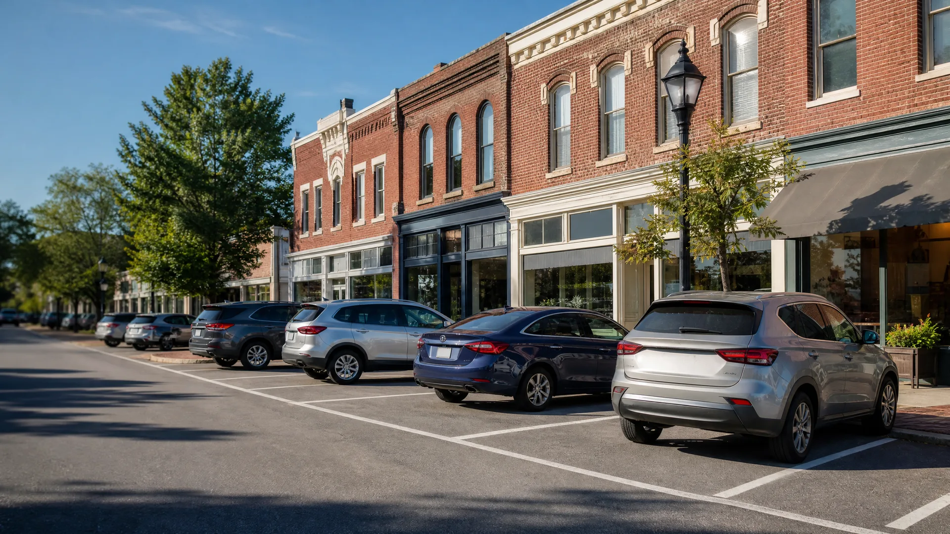 Cars angle-parked along a street lined with two-story brick commercial buildings, storefront windows, an awning, a black lamppost and young street trees under a clear sky.