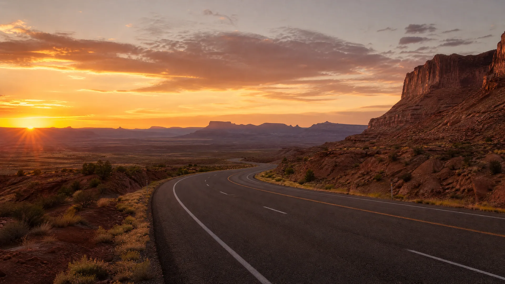 A two-lane paved road curves through desert terrain with red rock cliffs on the right and distant mesas under an orange sunset sky.