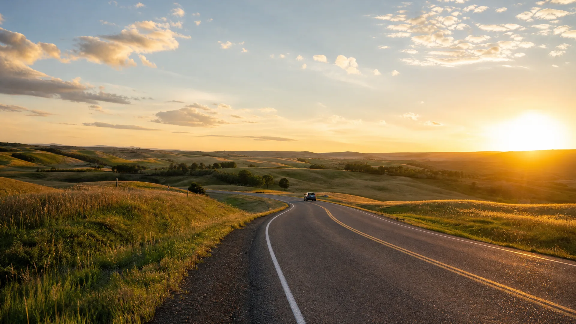 A two-lane paved road with a white edge line and double yellow center lines curves through rolling grassy hills, with a single distant vehicle and the sun low near the horizon.