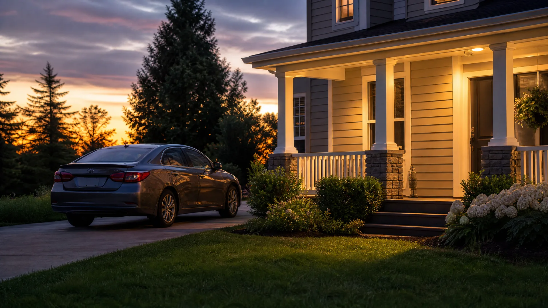 A gray sedan parked on a driveway beside a two-story house with a lit covered porch, white railings and stone-faced columns at dusk, with evergreen trees and an orange sunset sky behind.