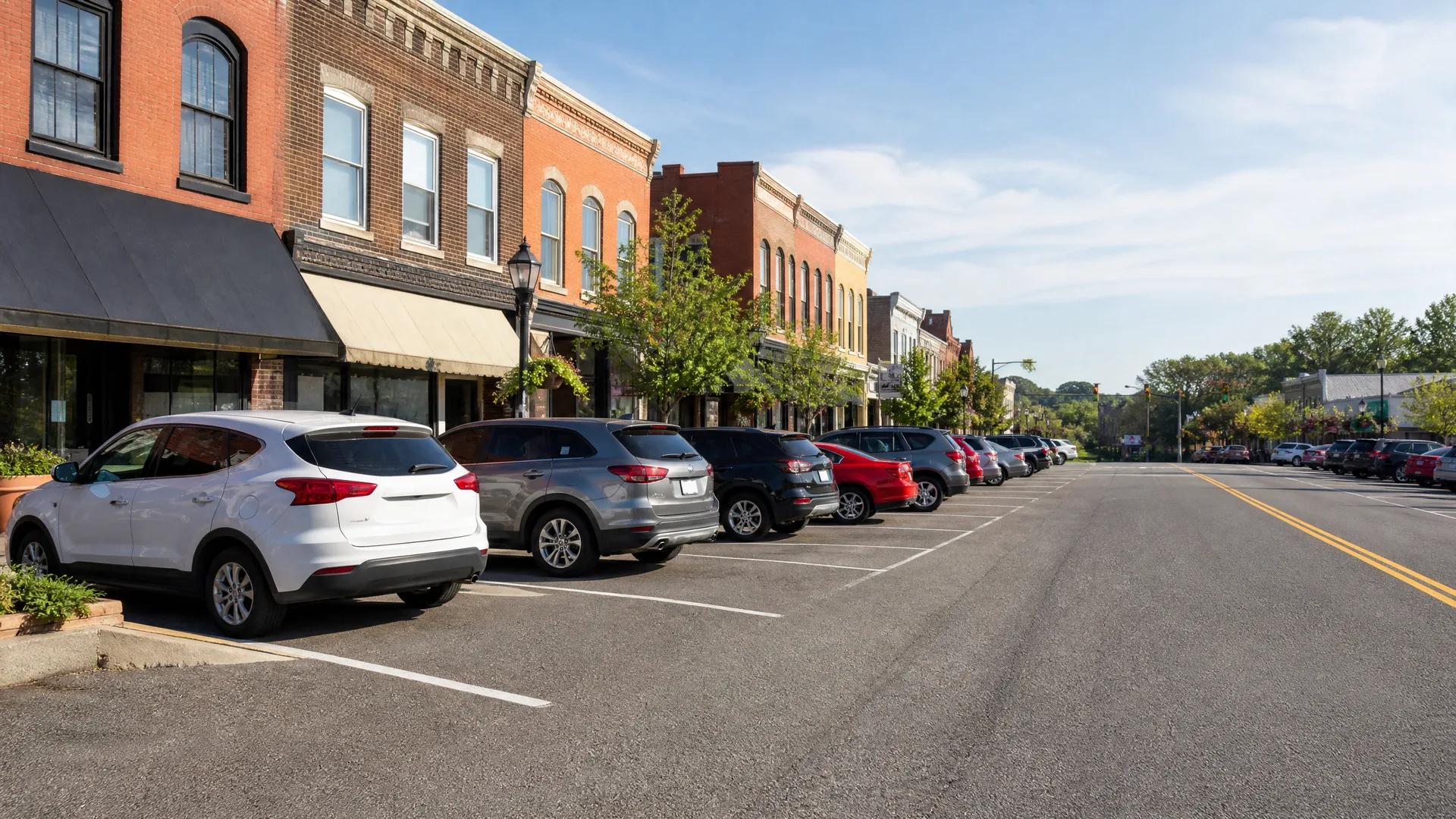 A row of cars angle-parked along a wide street beside two- and three-story brick commercial buildings with awnings, under a mostly clear sky.