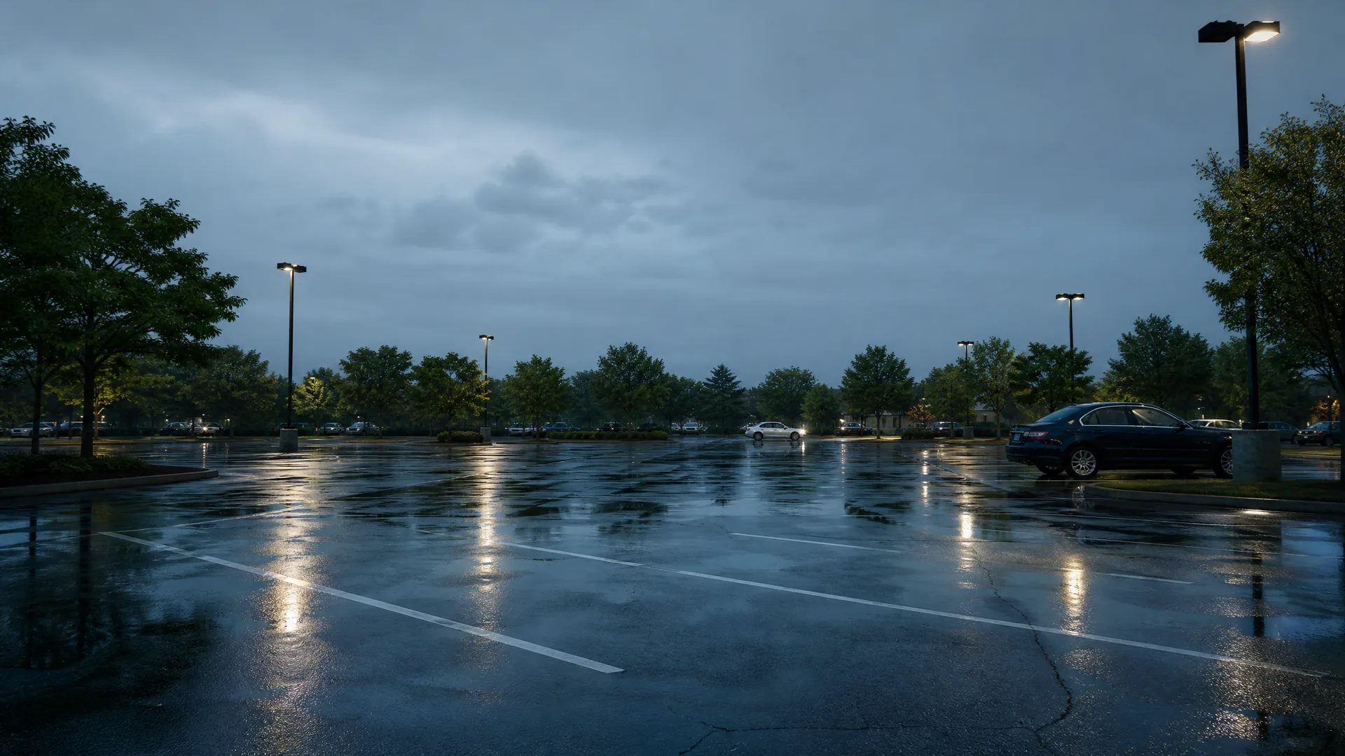 A nearly empty wet parking lot at dusk under heavy grey clouds, with lit lamp posts reflecting on the pavement, deciduous trees along the edges, and a dark sedan parked at right.