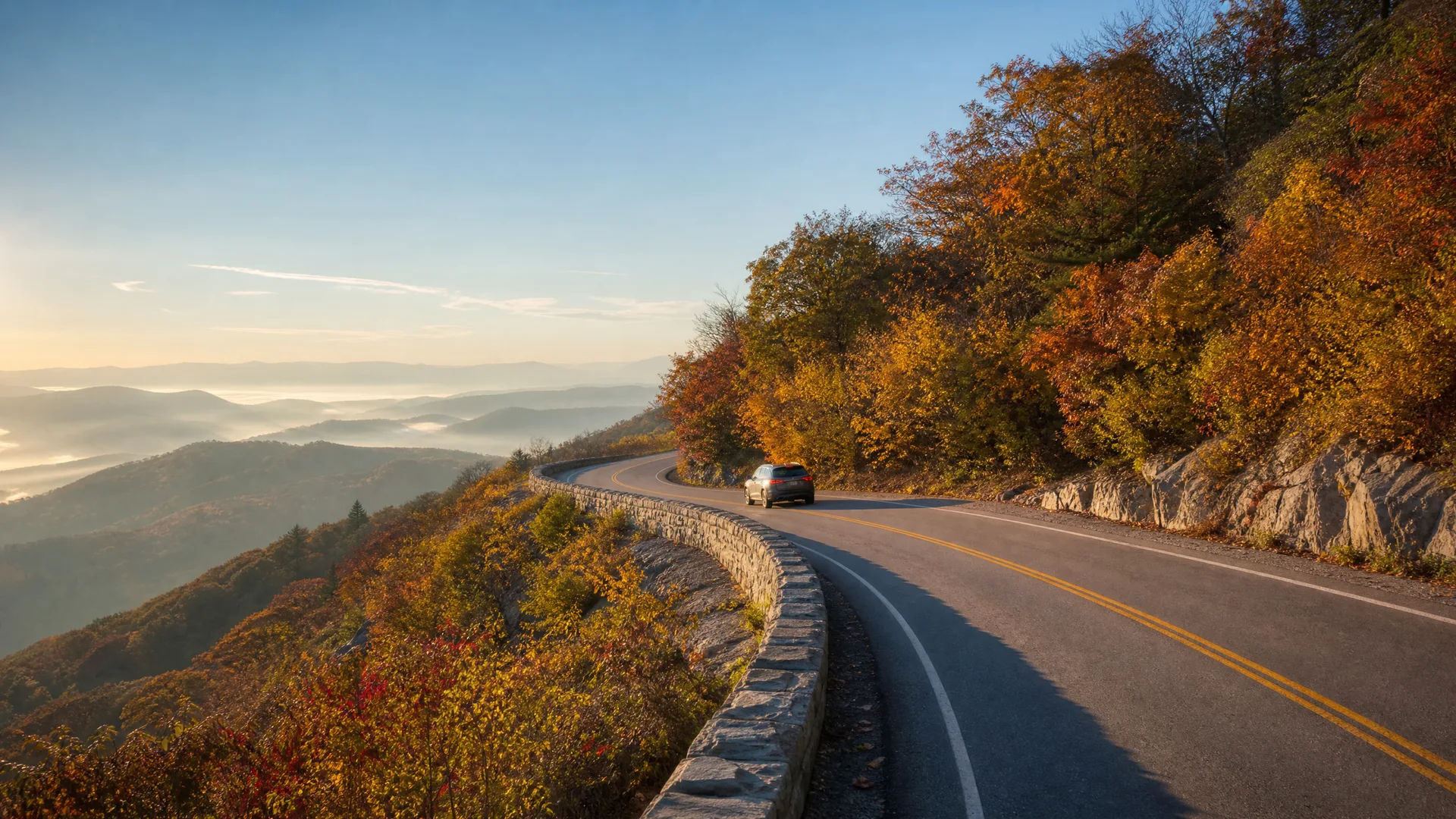 A curving two-lane road with a stone guard wall runs along a wooded ridge with autumn-colored trees, a single car driving ahead, and hazy mountain ridges in the distance.
