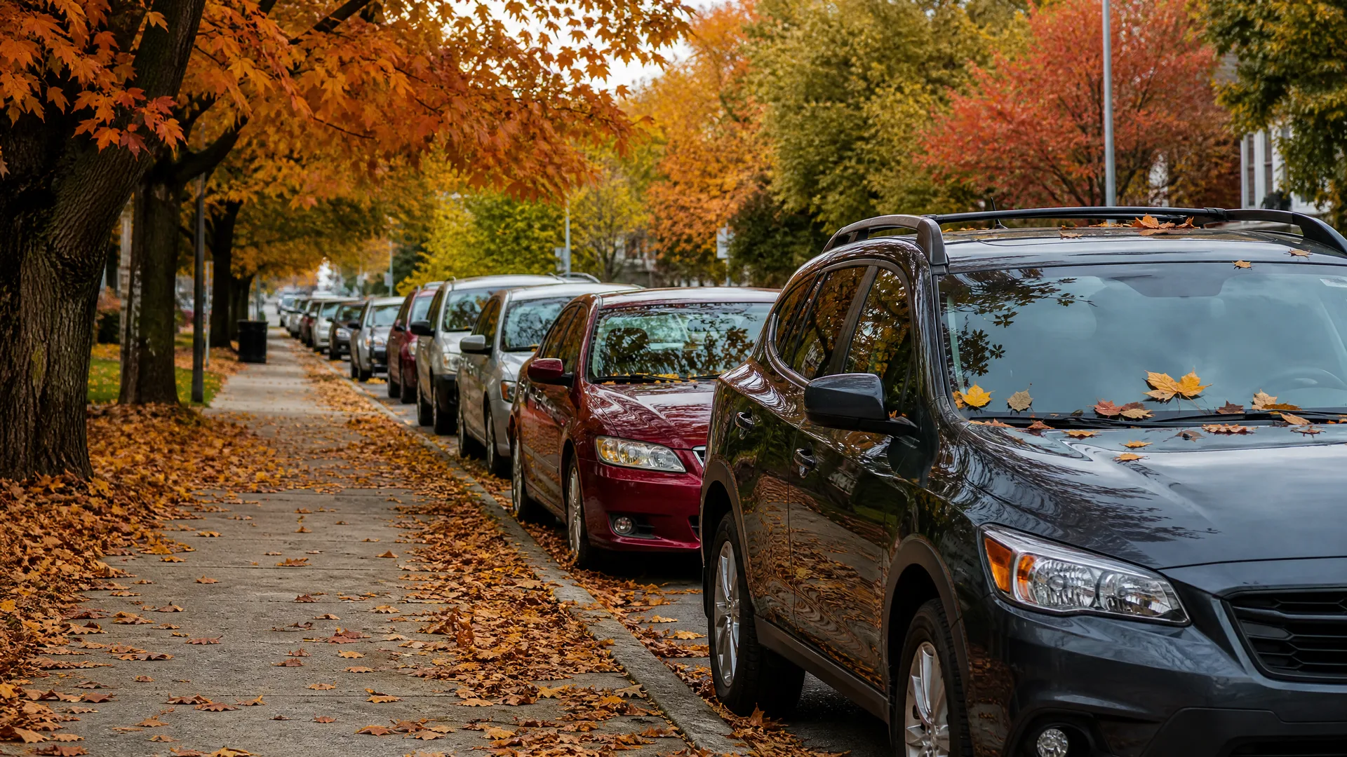 Cars parked along a residential street curb beside a leaf-covered sidewalk, with trees in orange and green autumn foliage overhead.