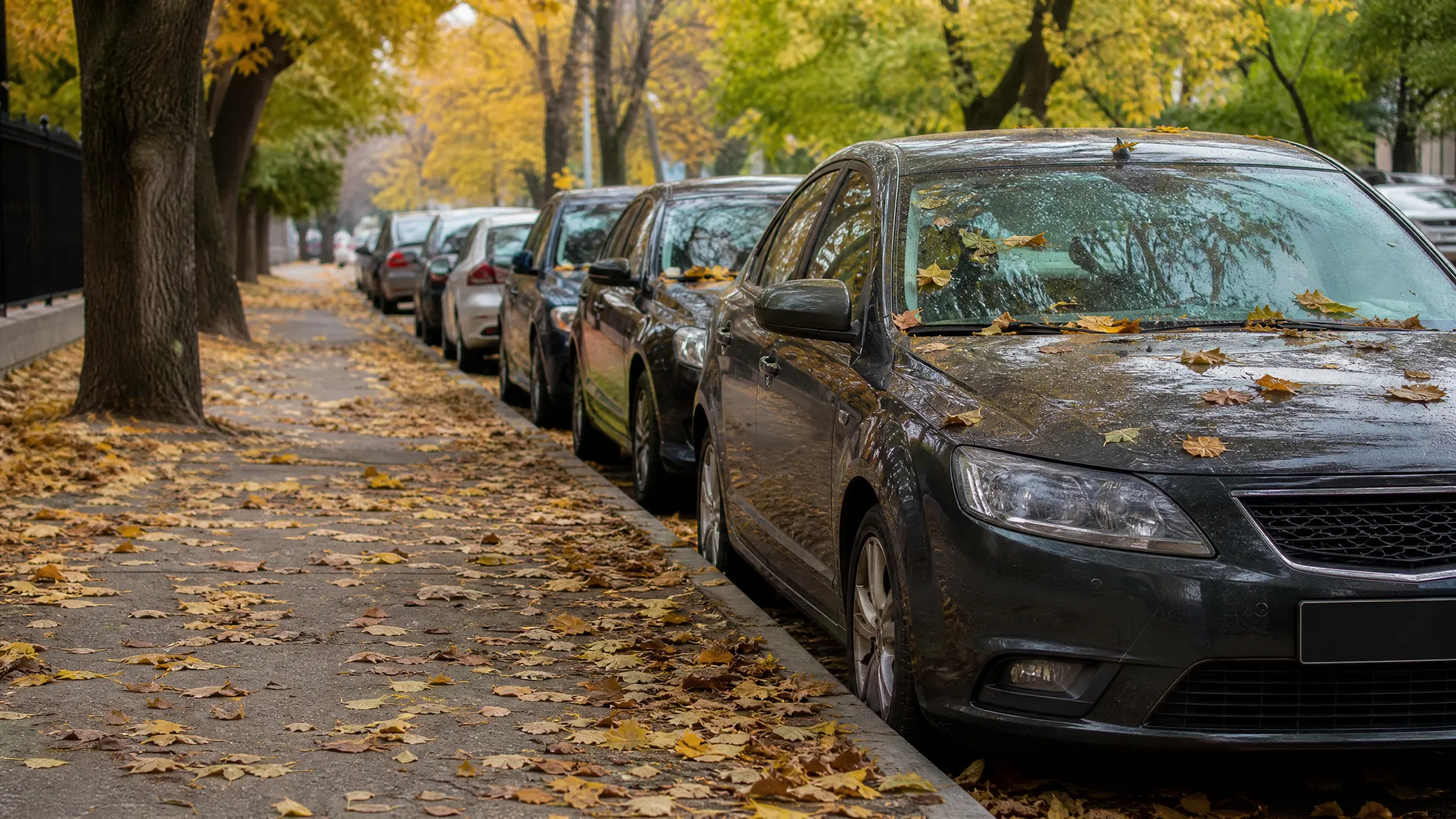 A row of cars parked along a curb beside a leaf-covered sidewalk lined with trees in autumn foliage, the nearest car's wet body covered with fallen leaves.
