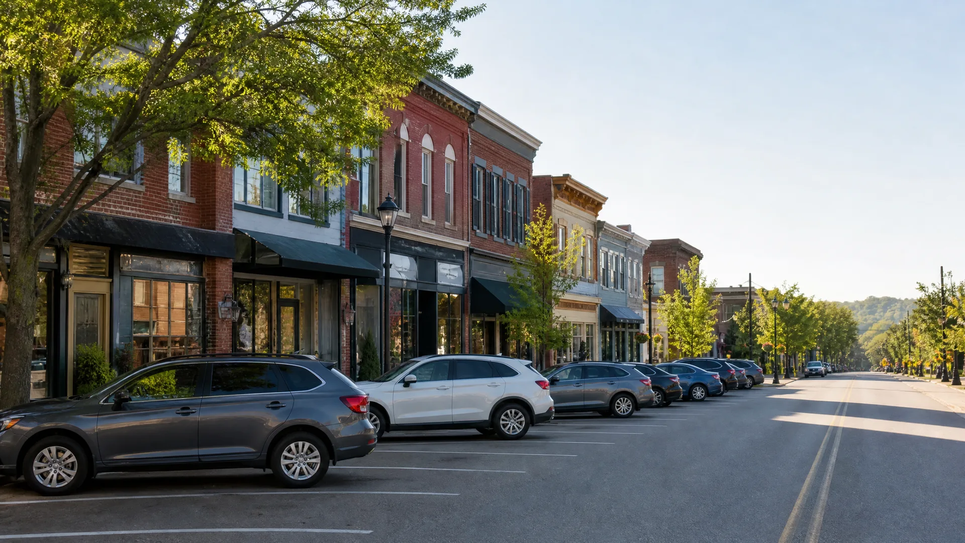 A row of two-story brick storefronts with awnings along a street lined with cars parked at an angle, with trees and a low wooded ridge in the distance under a clear sky.