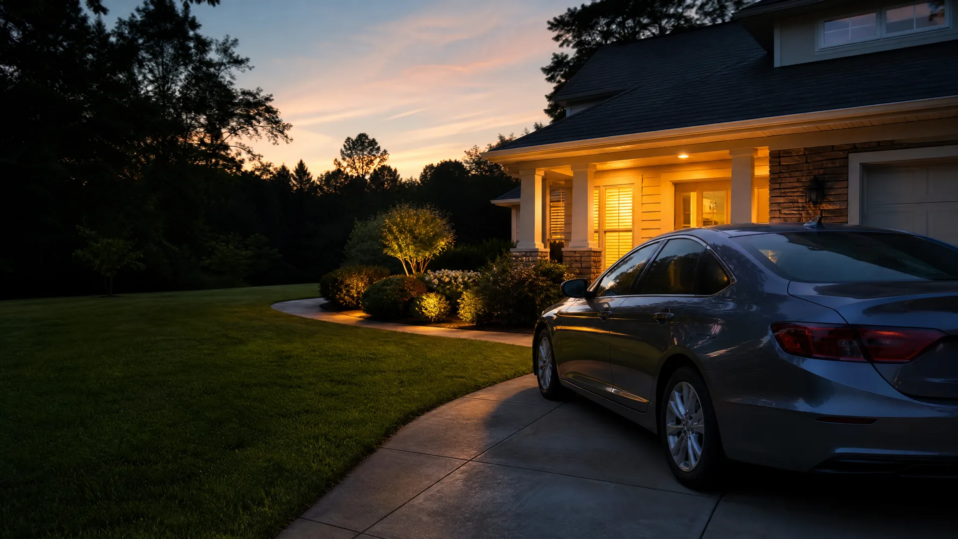 A silver sedan parked on a curved concrete driveway at dusk beside a lit house with a covered porch, stone and siding exterior, with illuminated shrubs and a lawn in the foreground.