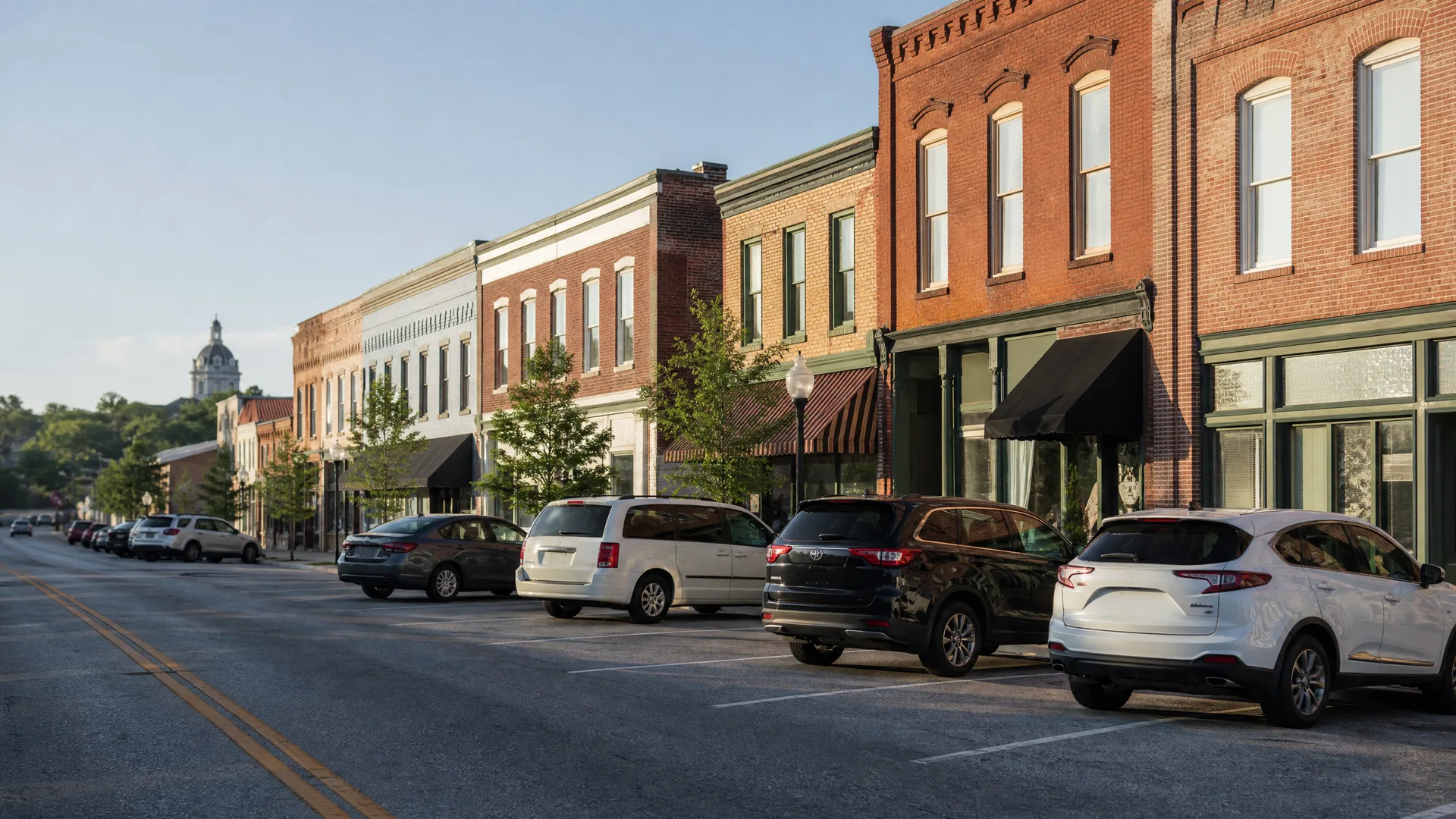 A row of two-story brick commercial buildings with awnings along a main street, with cars and SUVs angle-parked at the curb and a domed tower visible in the distance.