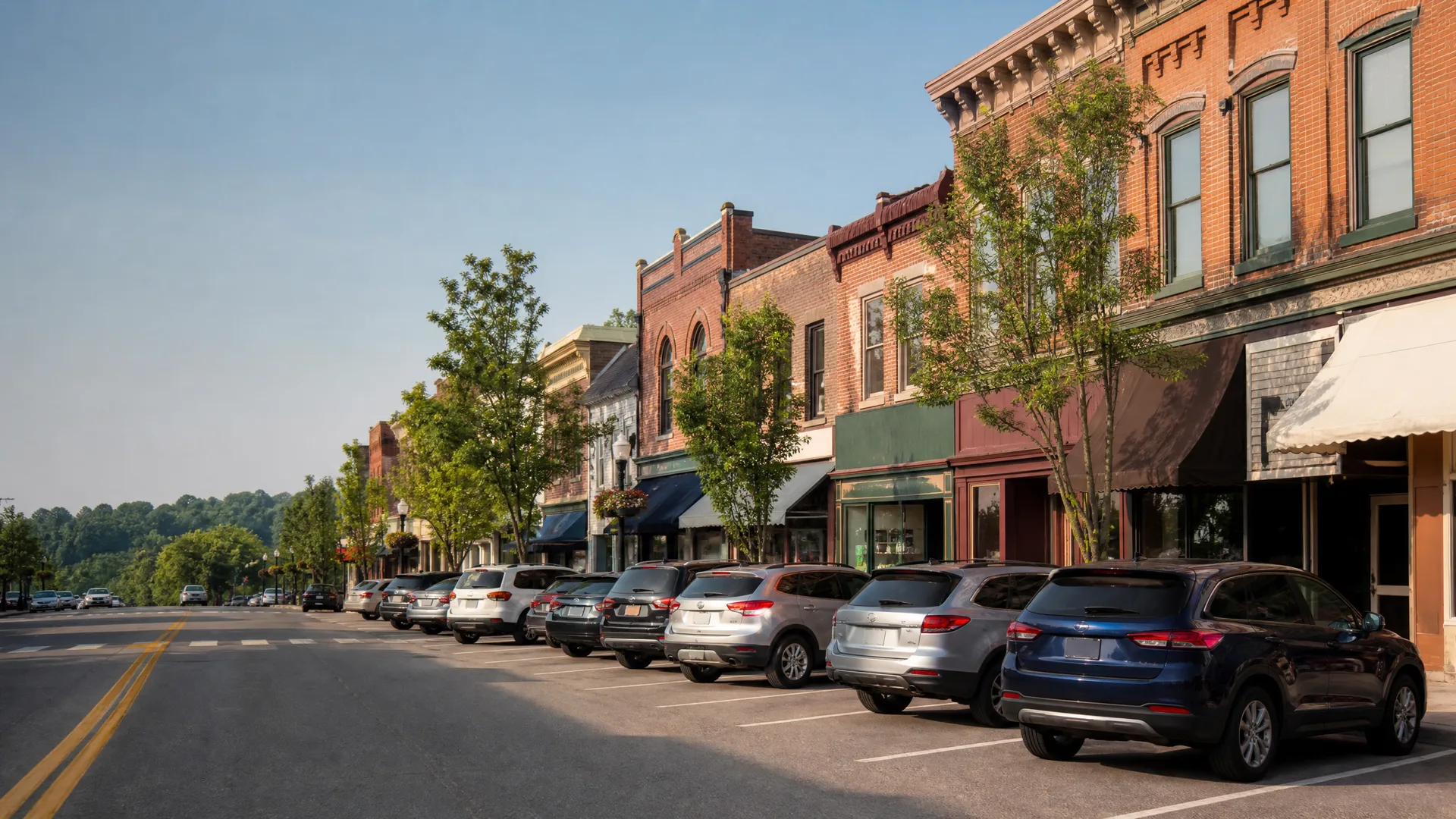 A row of SUVs angle-parked along a small-town main street lined with two-story brick storefronts, awnings, and leafy trees under a clear sky.