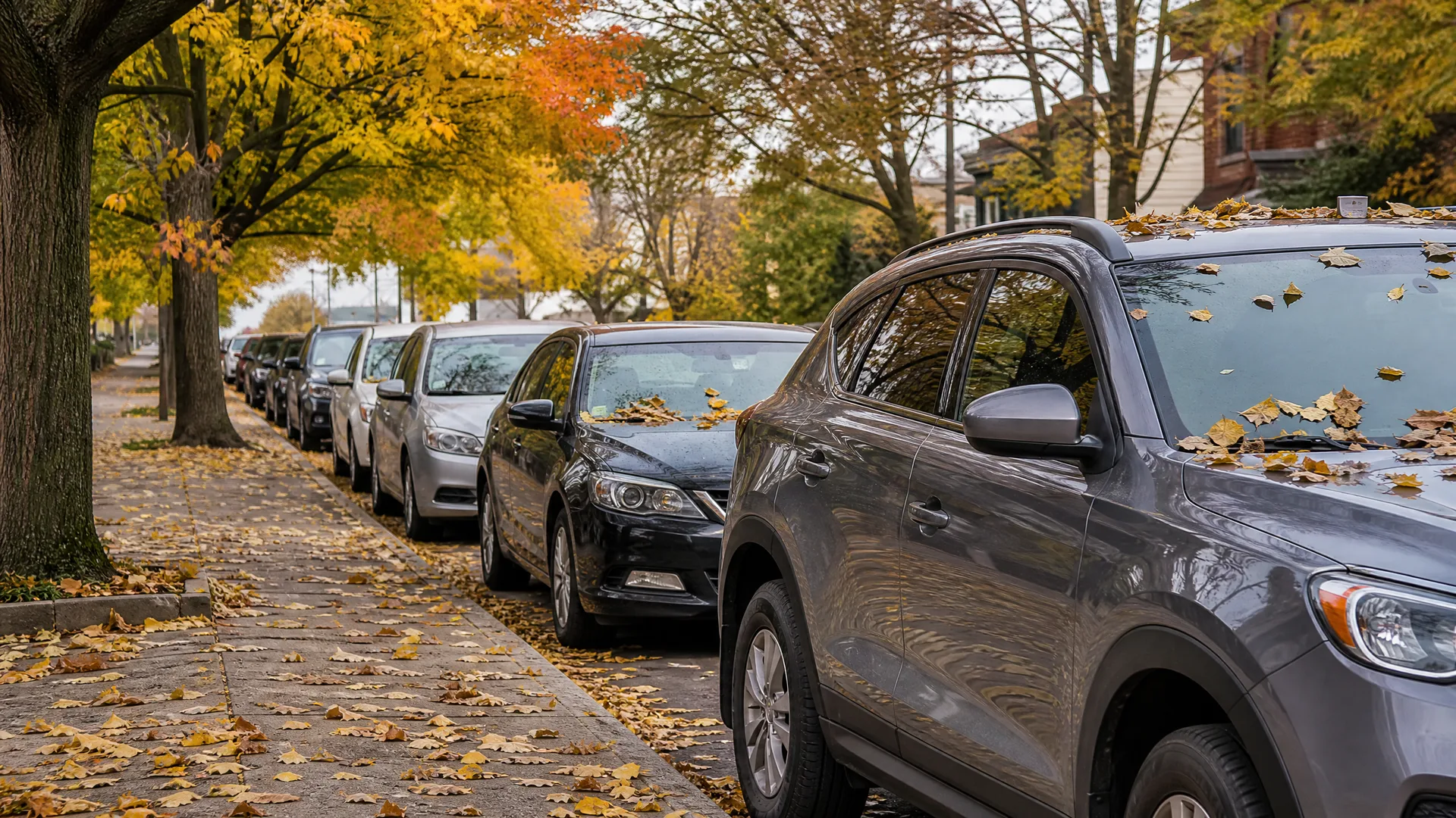 A row of cars parked along a residential street curb, with fallen yellow leaves on the sidewalk and windshields and autumn-colored trees overhead.