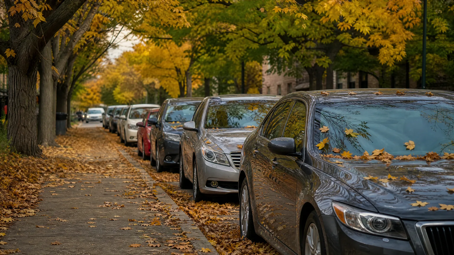 A row of cars parked along a tree-lined residential street, with fallen yellow leaves covering the sidewalk and car windshields.