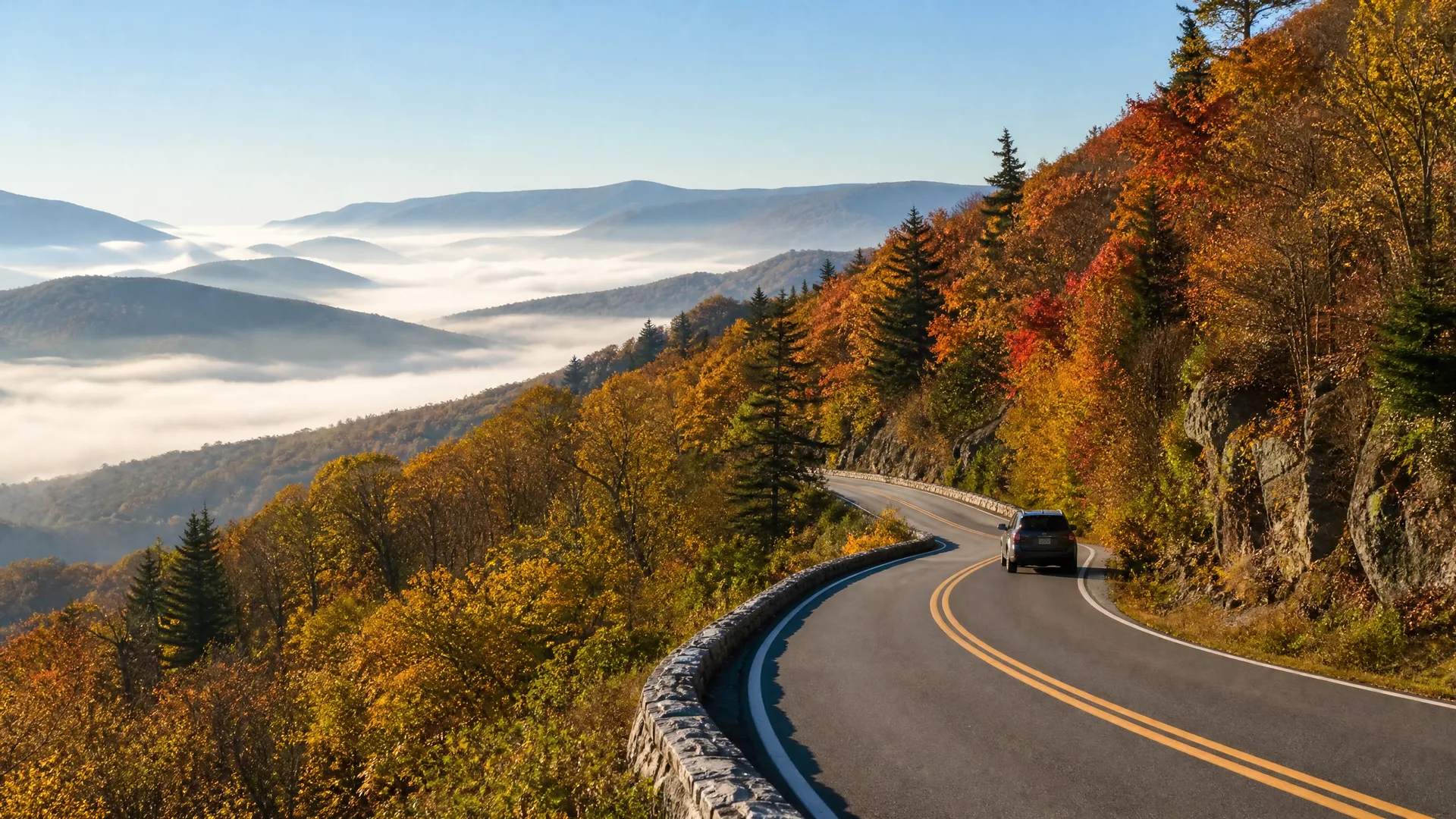 A curving two-lane road with a double yellow center line and a stone wall runs along a ridge lined with autumn-colored trees, with a single dark SUV driving away and fog-filled valleys and distant mountains beyond.