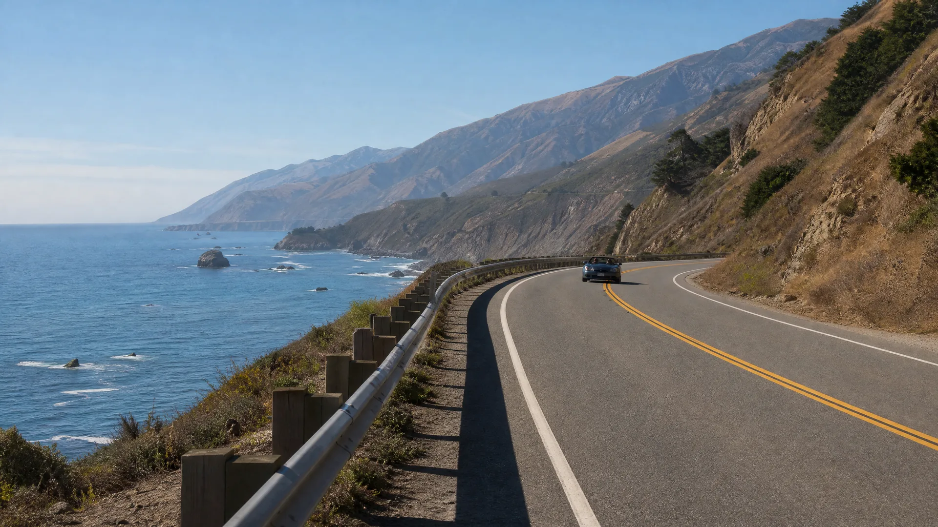 A two-lane coastal highway with a yellow center line curves along a steep hillside above the ocean, with a single car driving away in the distance and mountains along the shoreline.