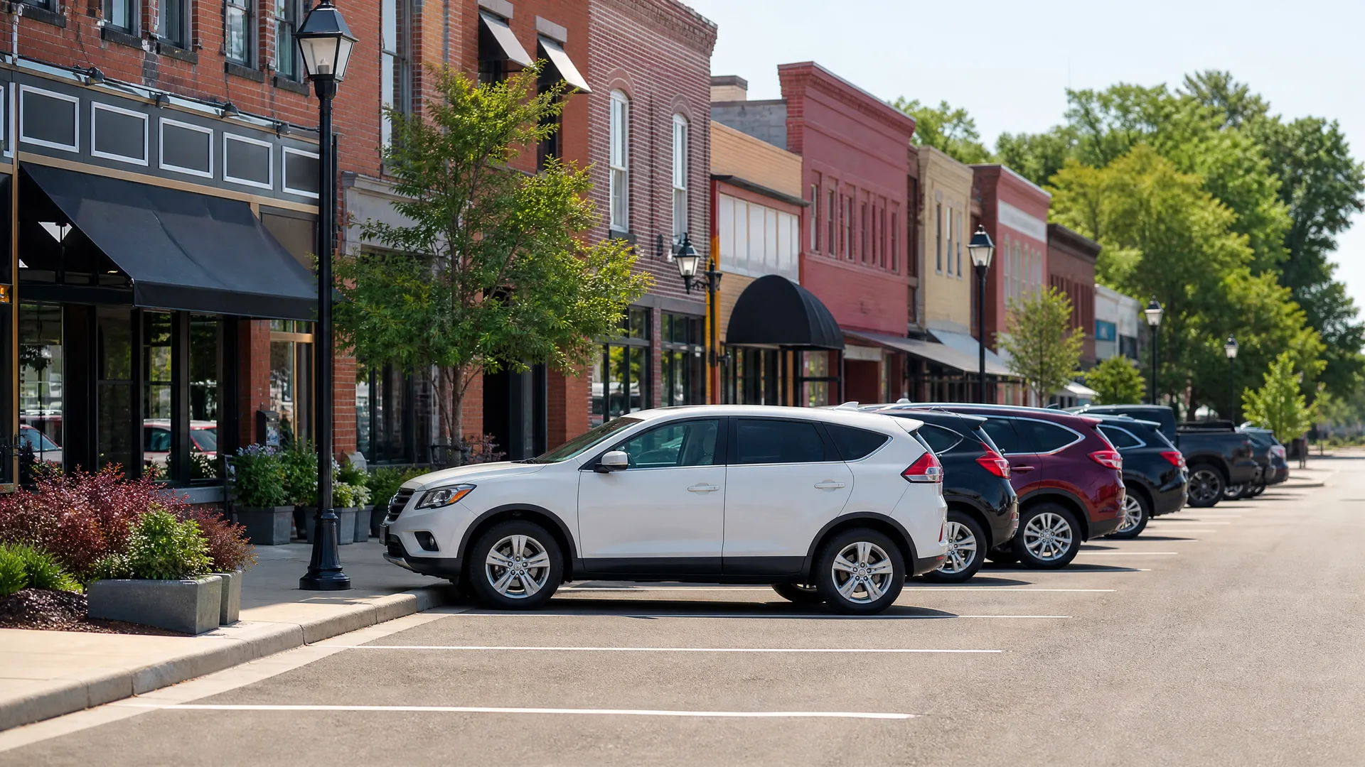 A row of cars, led by a white SUV, parked in angled spaces along a street lined with two-story brick commercial buildings with awnings and street lamps.