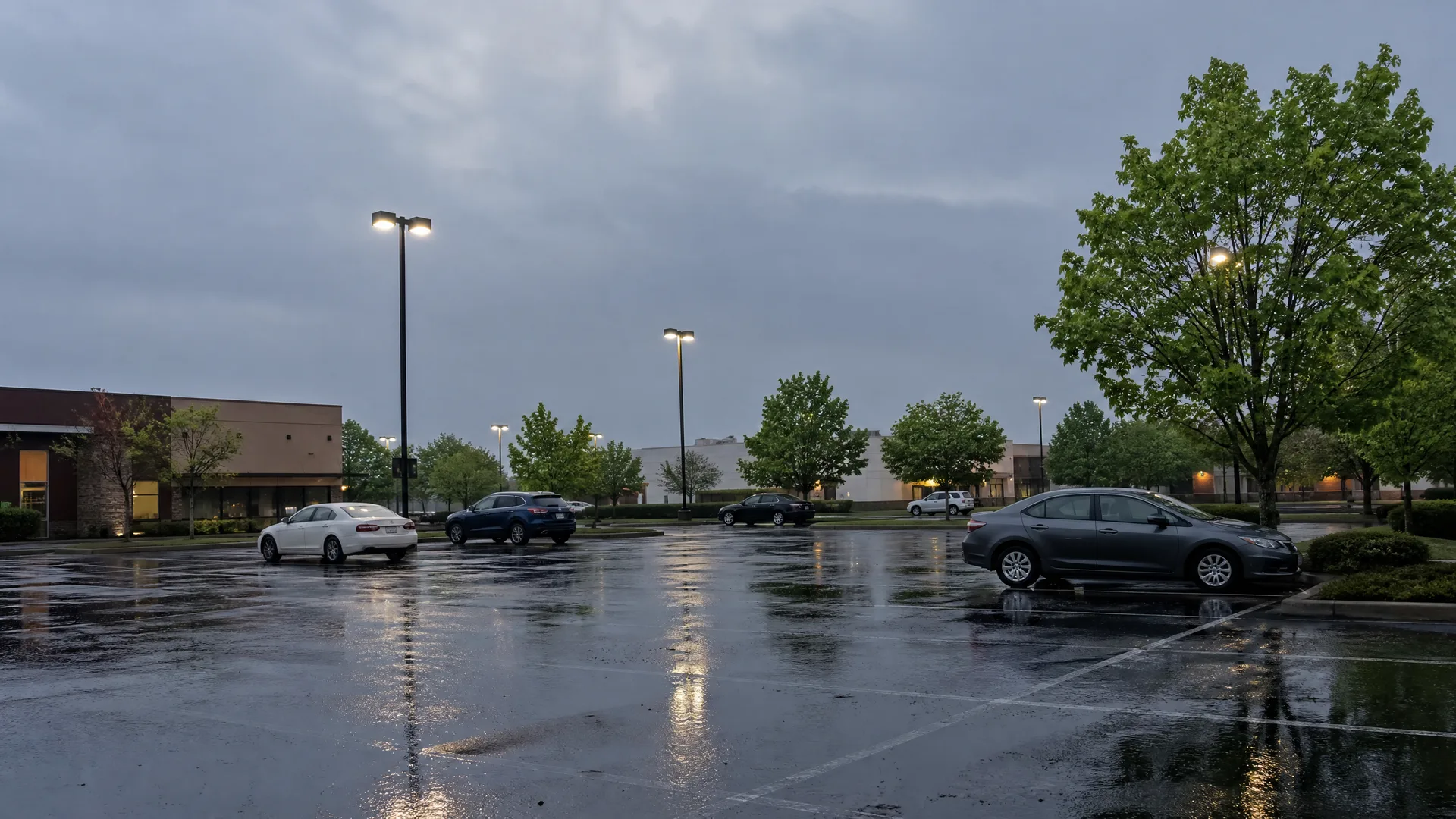 A wet parking lot at dusk under an overcast sky, with a few parked cars, lit light poles, green trees, and low commercial buildings in the background.
