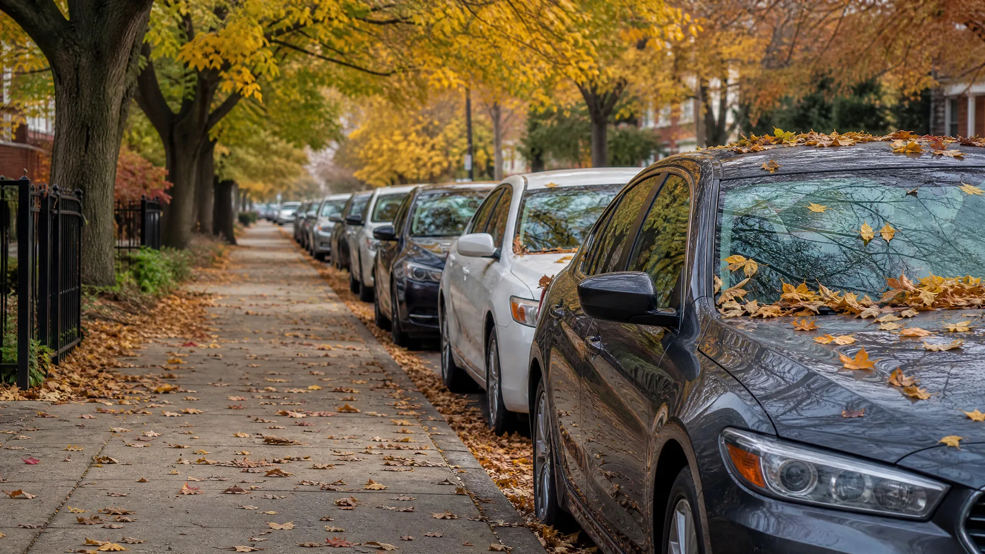 Cars parked along a residential street curb beneath trees with yellow and orange leaves, with fallen leaves covering the sidewalk and car roofs.