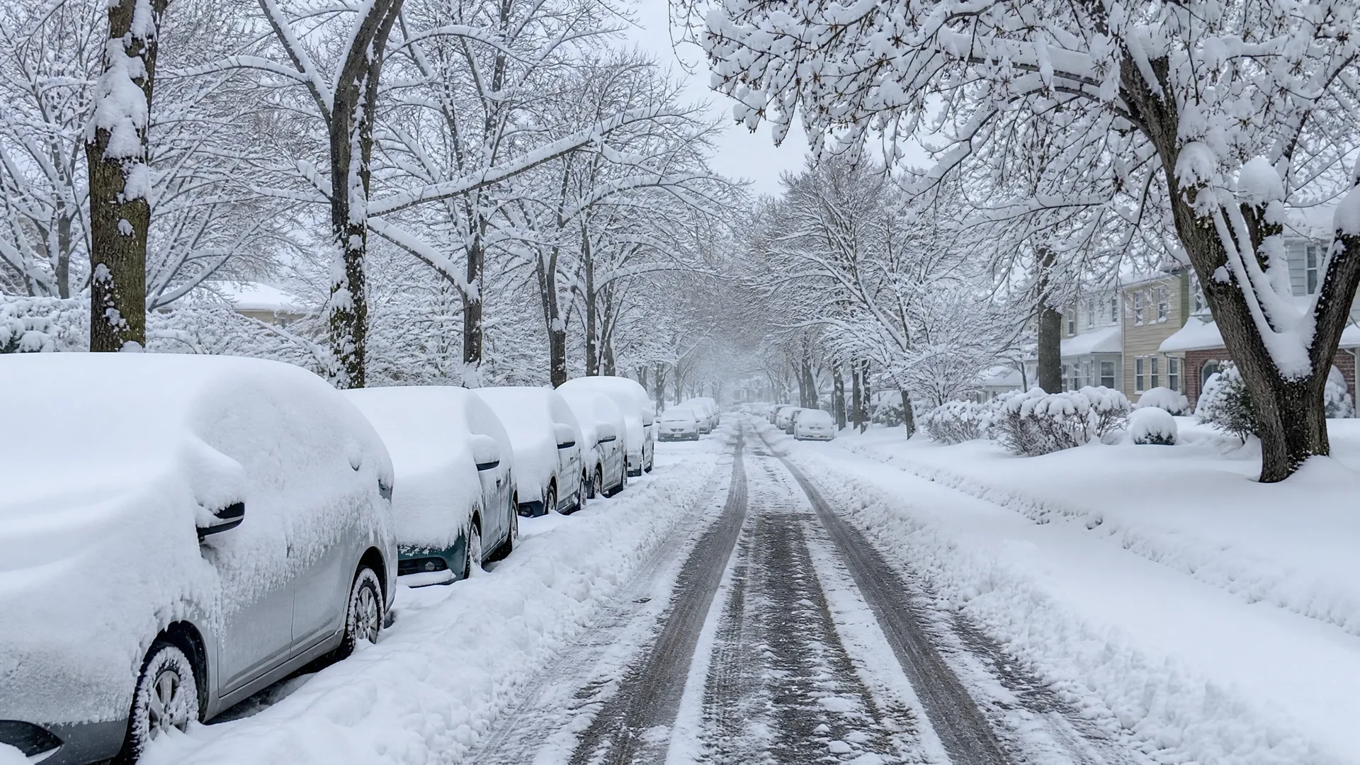 A snow-covered residential street lined with bare trees and parked cars buried under deep snow, with tire tracks running down the plowed roadway and houses visible at right.