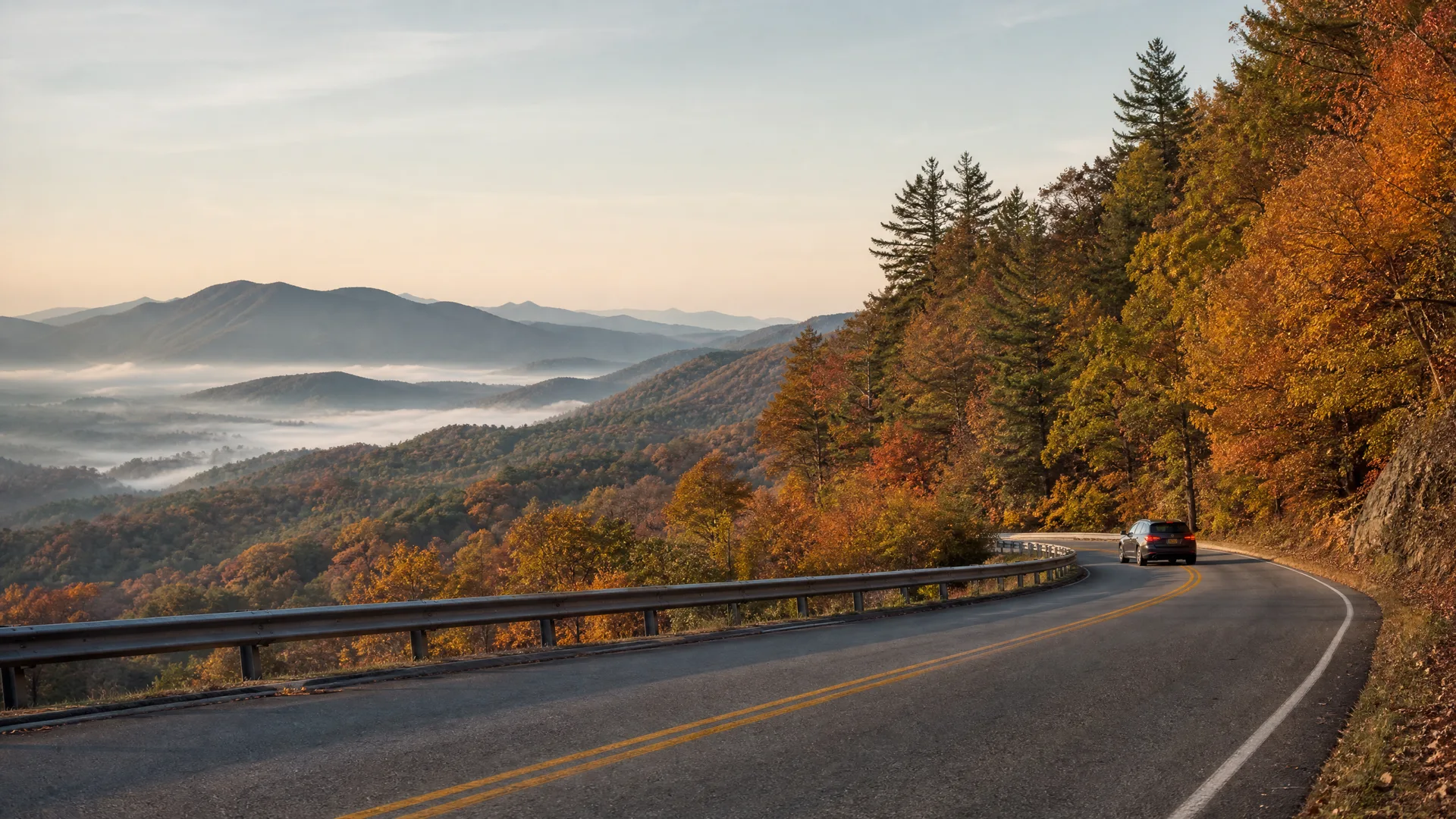 A curving two-lane road with a guardrail runs along a ridge lined with autumn-colored trees and conifers, with a dark car ahead and fog-filled valleys and distant mountains to the left.