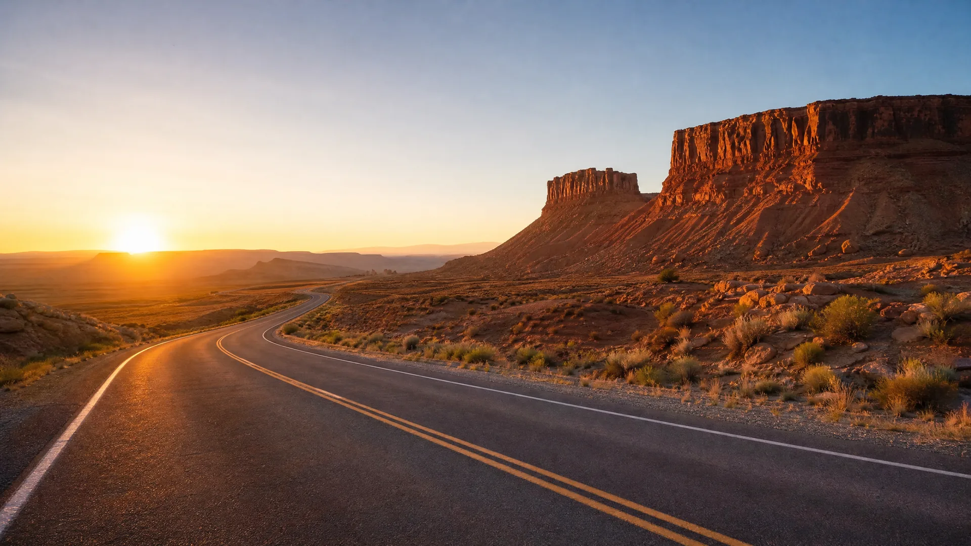 A two-lane asphalt road with yellow center lines curves toward a low sun on the horizon, with desert scrub and a flat-topped red rock mesa on the right.