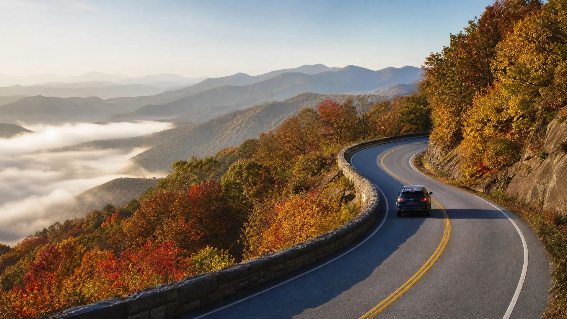 A dark SUV drives on a curving two-lane mountain road with a stone guardrail, surrounded by autumn-colored trees, with fog-filled valleys and layered ridges in the distance.