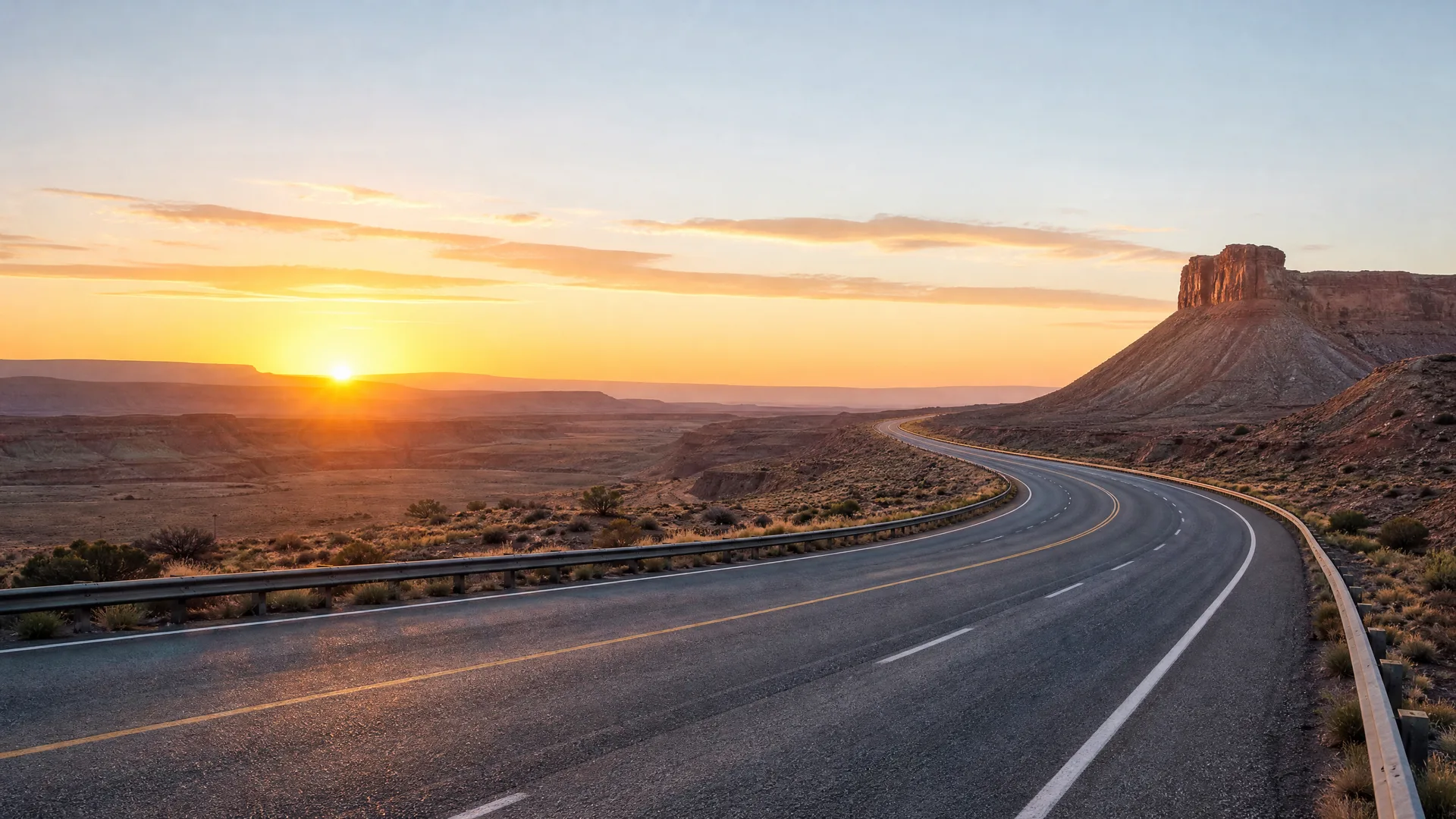 An empty two-lane highway with painted lane markings and guardrails curves through arid desert scrub toward a flat-topped butte, with the sun low on the horizon at left.
