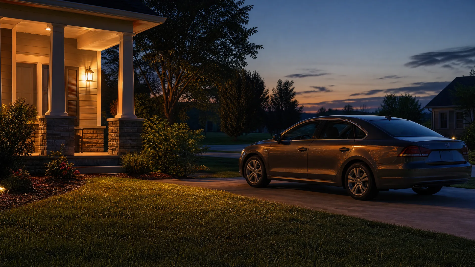A dark sedan parked on a driveway at dusk beside a house with a lit porch, stone-faced columns and shrubs, with trees and an orange sky in the background.