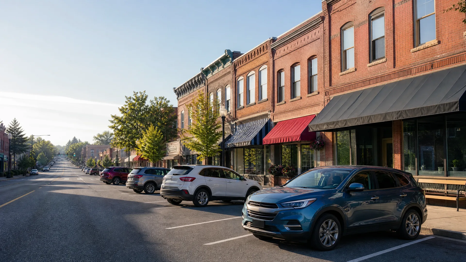 A small-town main street lined with two-story brick commercial buildings with awnings, cars angle-parked along the curb, and green street trees under a clear sky.