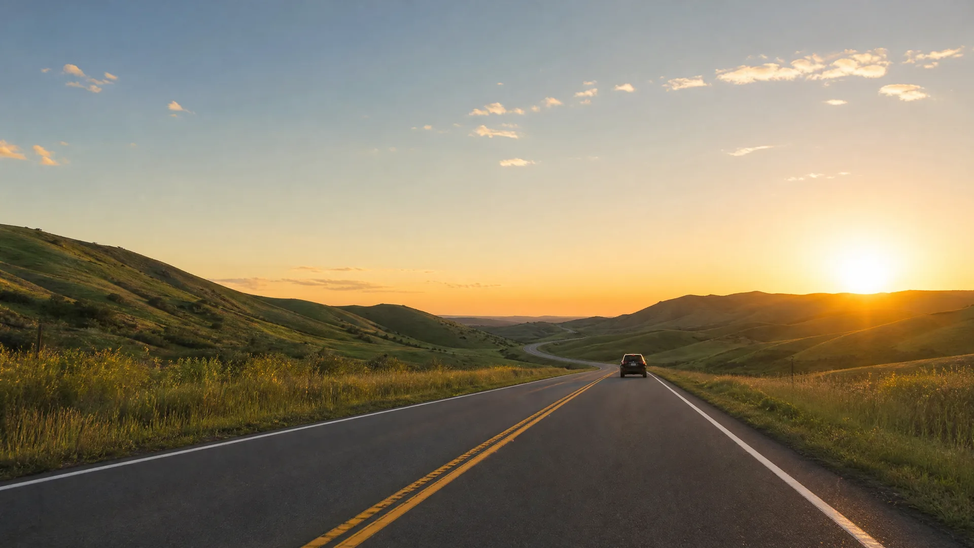 A two-lane road with double yellow centerline runs through grassy rolling hills toward a low sun on the horizon, with a single car visible in the distance.