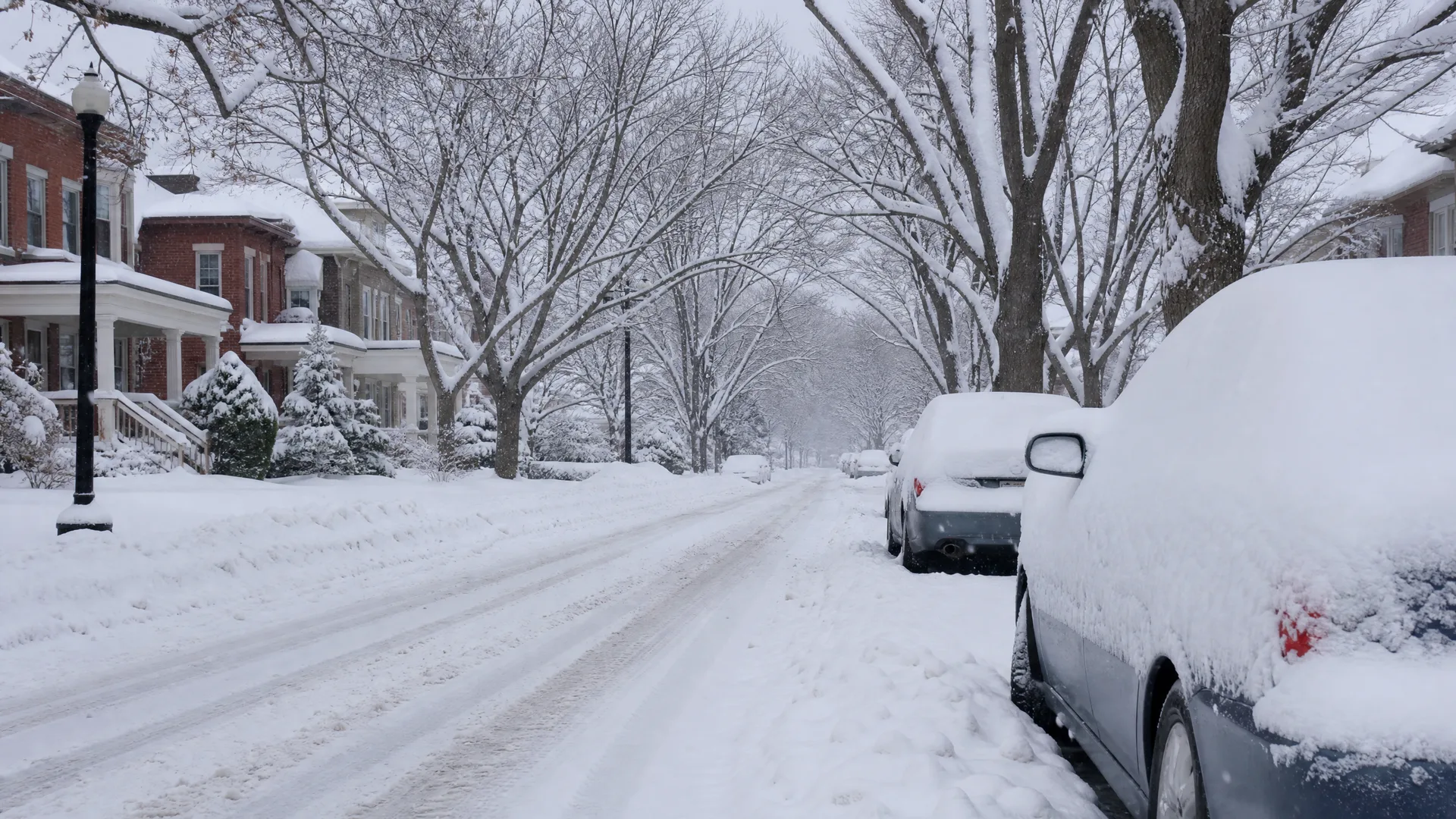 A snow-covered residential street lined with bare trees, brick row houses on the left, and parked cars buried under snow on the right.