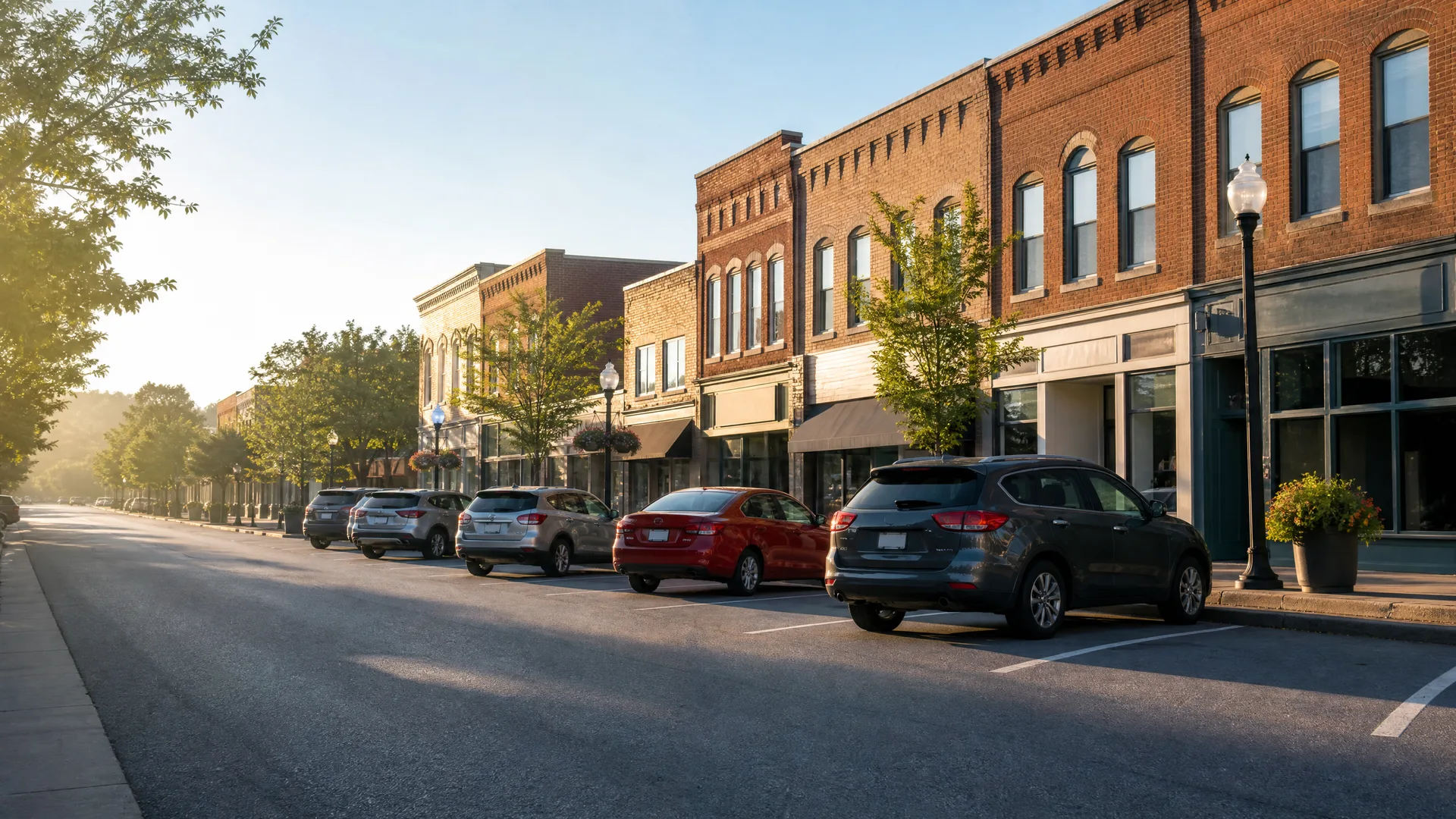 A small-town main street lined with two-story brick storefronts, with cars parked diagonally along the curb, street trees, a lamppost and a planter of flowers, and an empty asphalt road in the foreground.