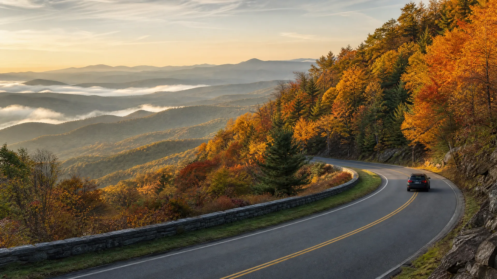 A dark car drives on a curving two-lane road with a double yellow line and a stone retaining wall, beside autumn-colored trees and overlooking fog-filled forested ridges at sunrise.