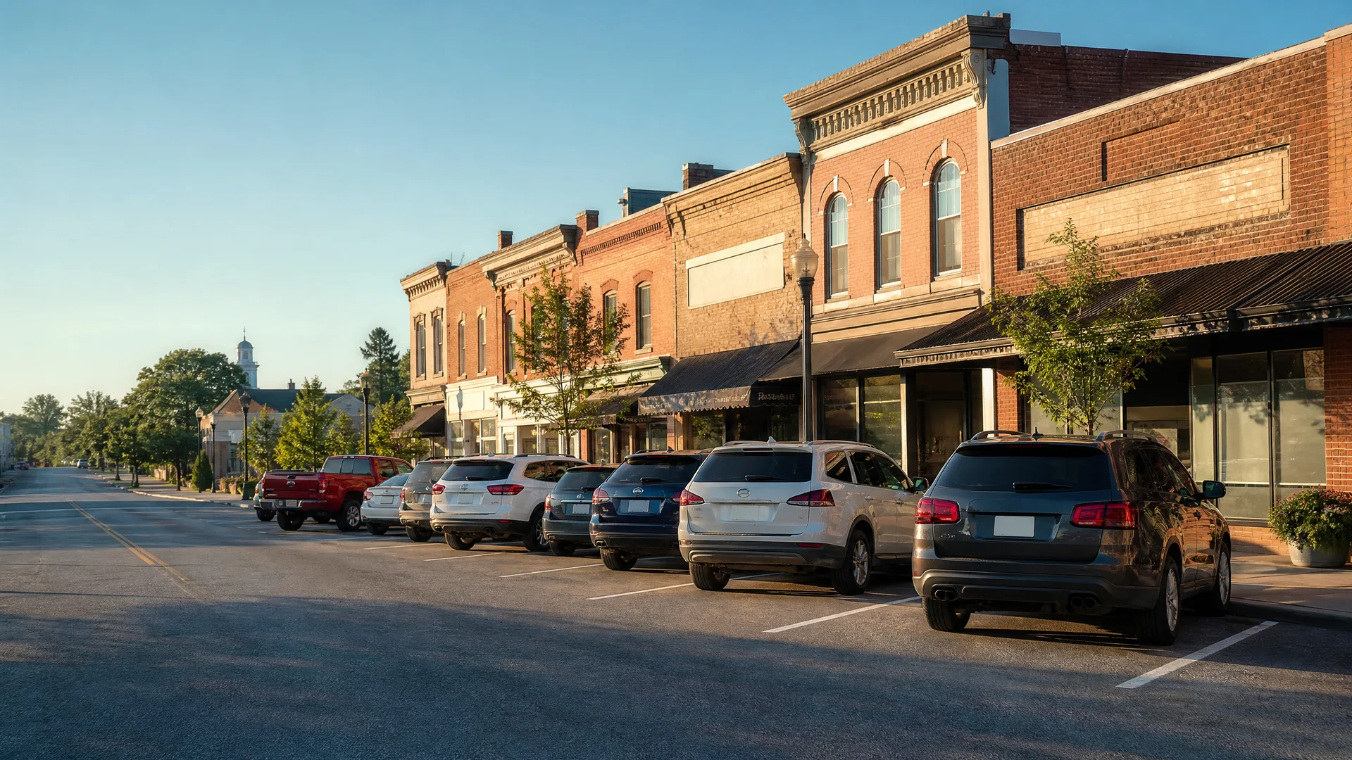 A row of two-story brick commercial buildings with awnings along a street, with SUVs and a red pickup truck parked in angled spaces under a clear sky.