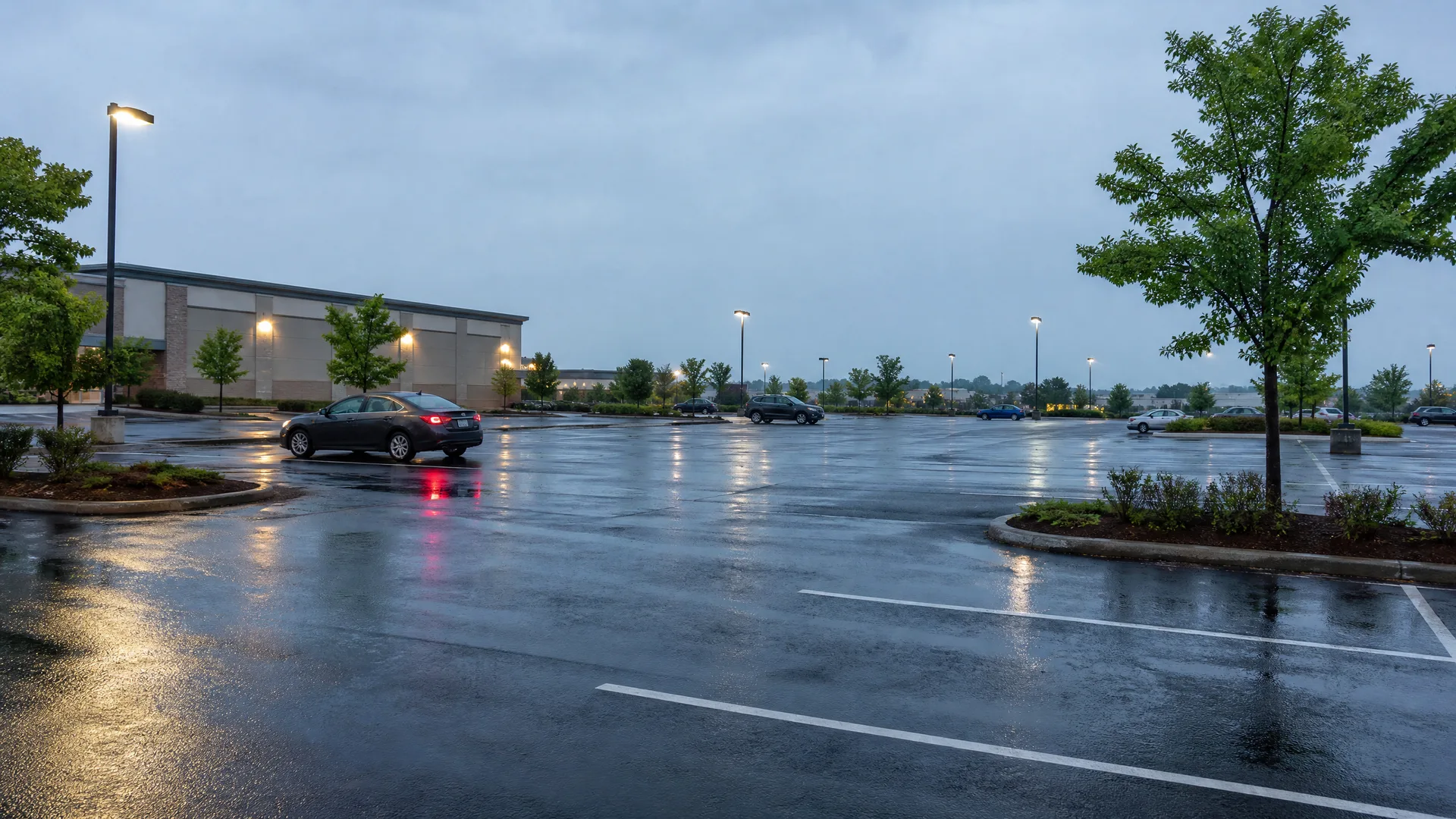 A wet, nearly empty parking lot at dusk with a few parked cars, lit light poles, landscaped islands with young trees, and a low commercial building under an overcast sky.