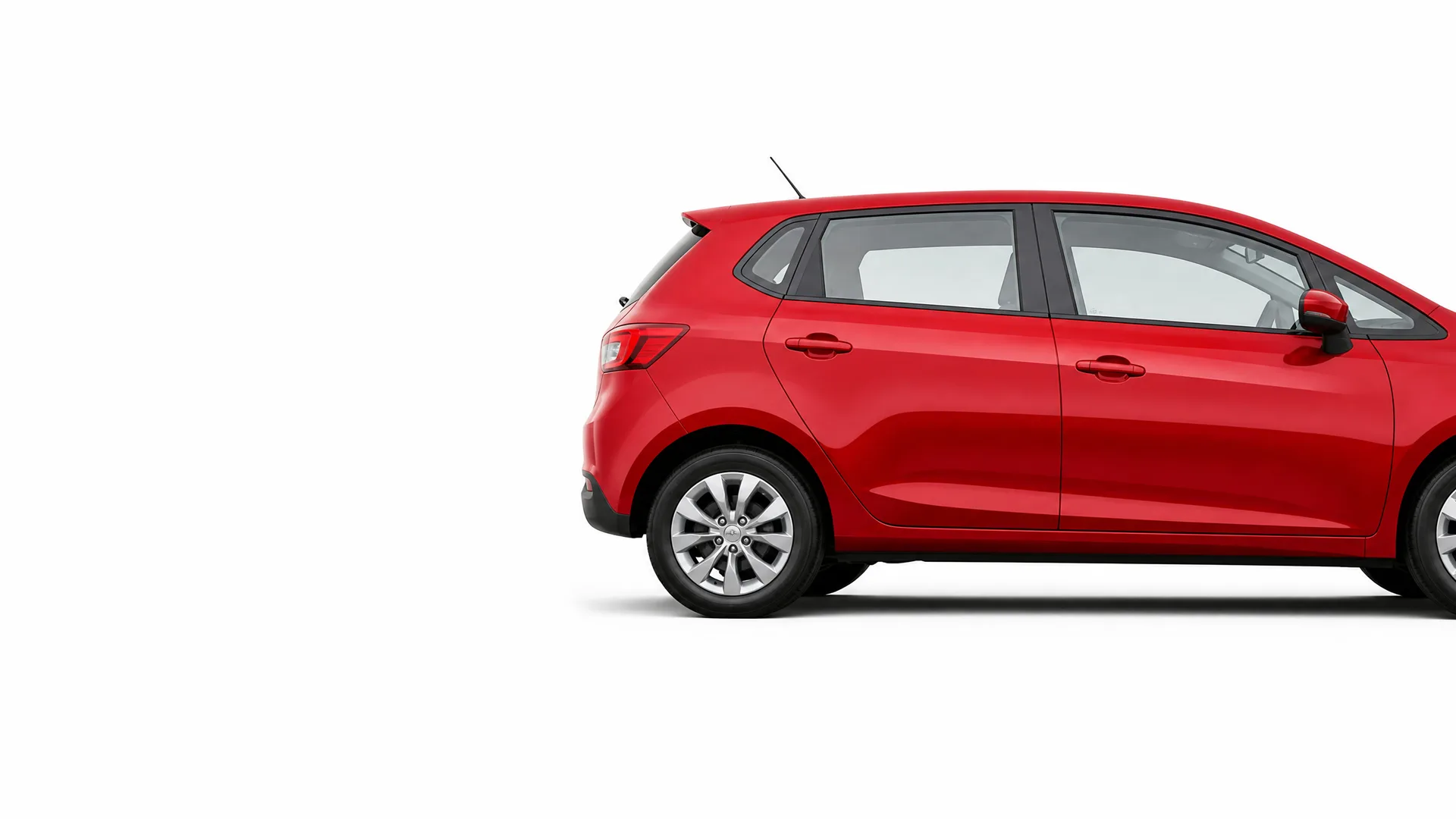 Partial side view of a red five-door hatchback car, cropped at the front, on a plain white background.