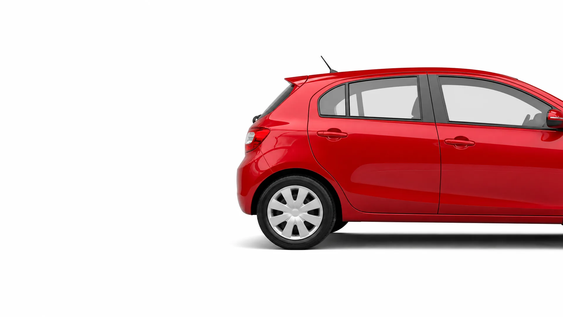 Rear half of a red five-door hatchback car shown in side profile against a plain white background.