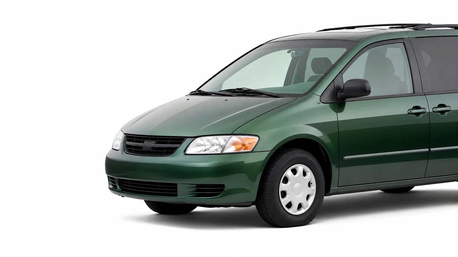Dark green minivan shown from the front-left three-quarter angle against a plain white background, cropped at the rear.