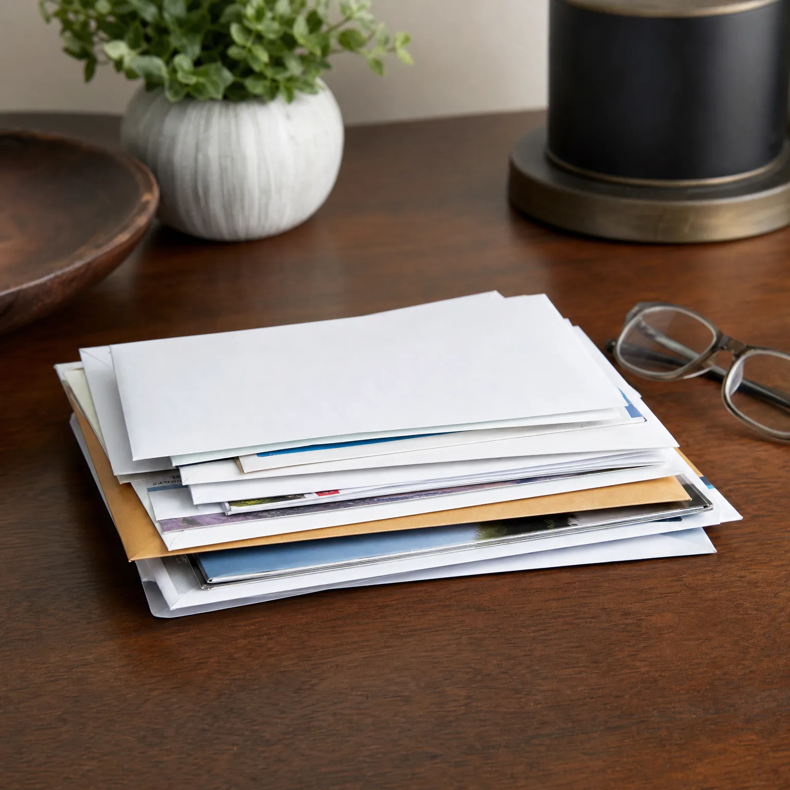A stack of white and manila envelopes and mailers on a dark wood table, with eyeglasses, a small potted plant in a white vase, a wooden bowl, and a lamp base nearby.