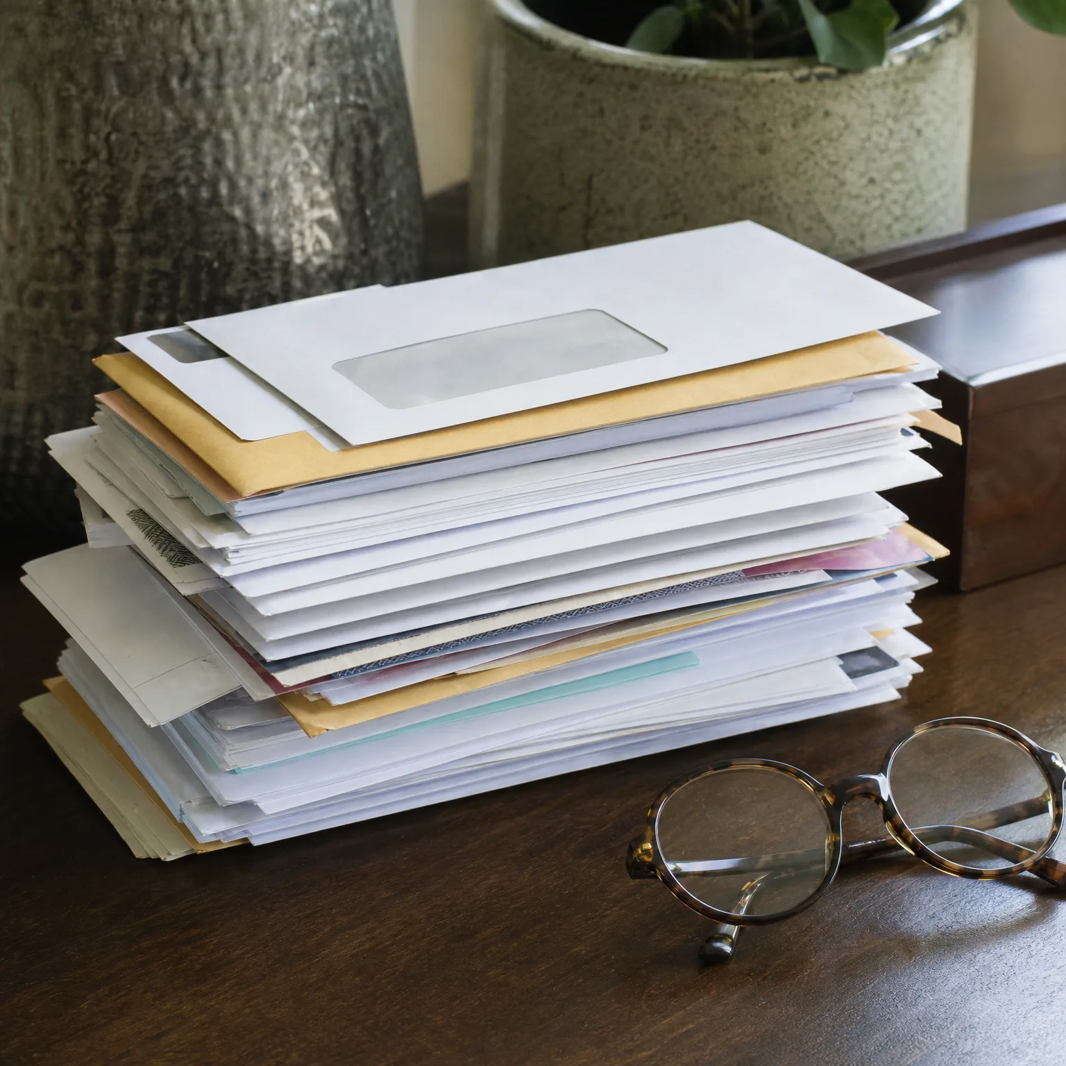 A tall stack of envelopes and papers sits on a dark wooden table beside a pair of tortoiseshell eyeglasses, with a potted plant and wooden box blurred in the background.