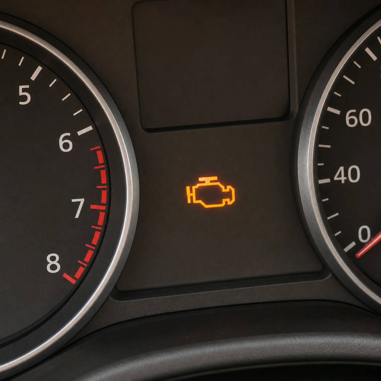 Close-up of a car instrument cluster showing an illuminated amber engine-shaped warning light between a tachometer with red zone from 6 to 8 and a speedometer.