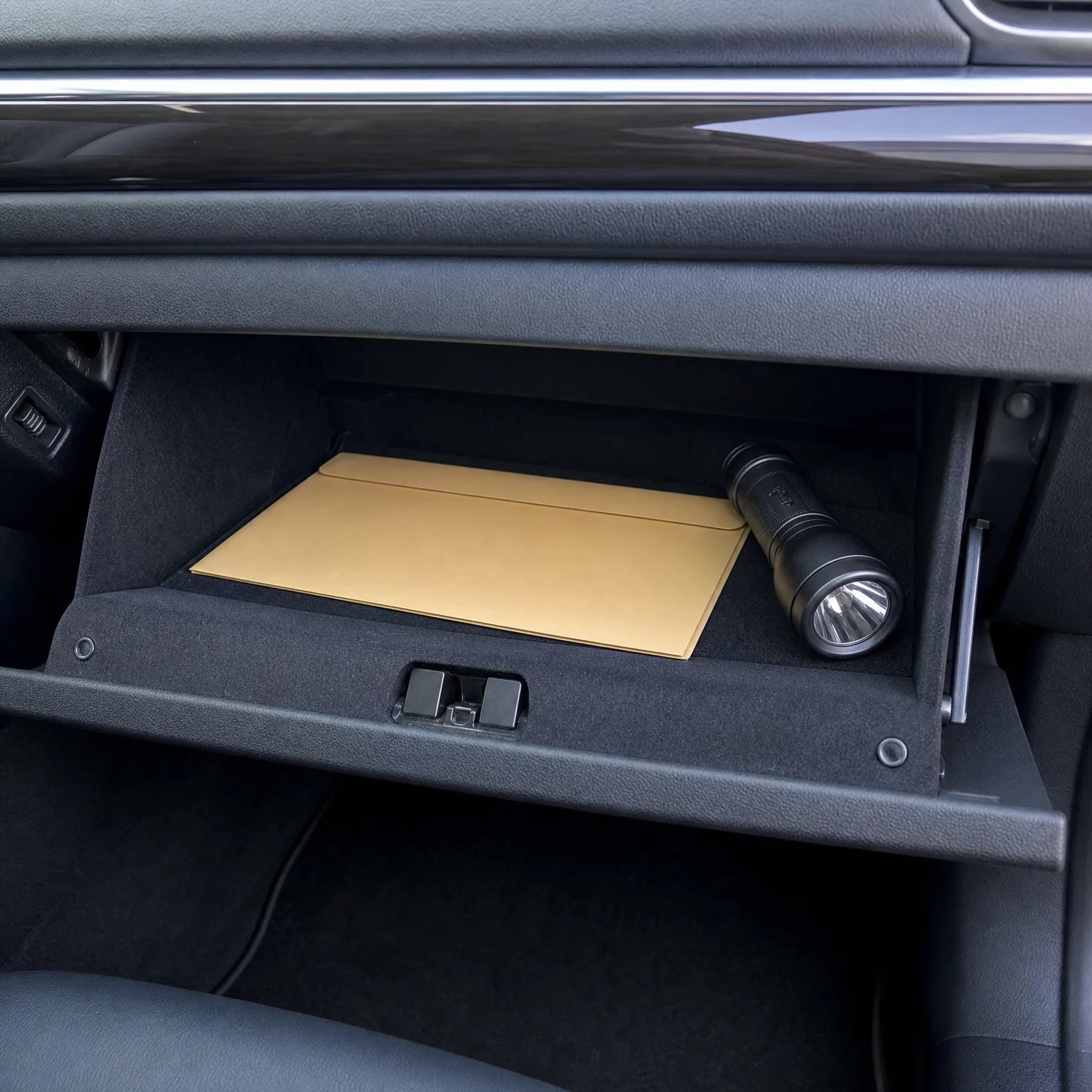 An open car glove compartment containing a tan envelope and a black flashlight, with the dashboard and floor mat visible.