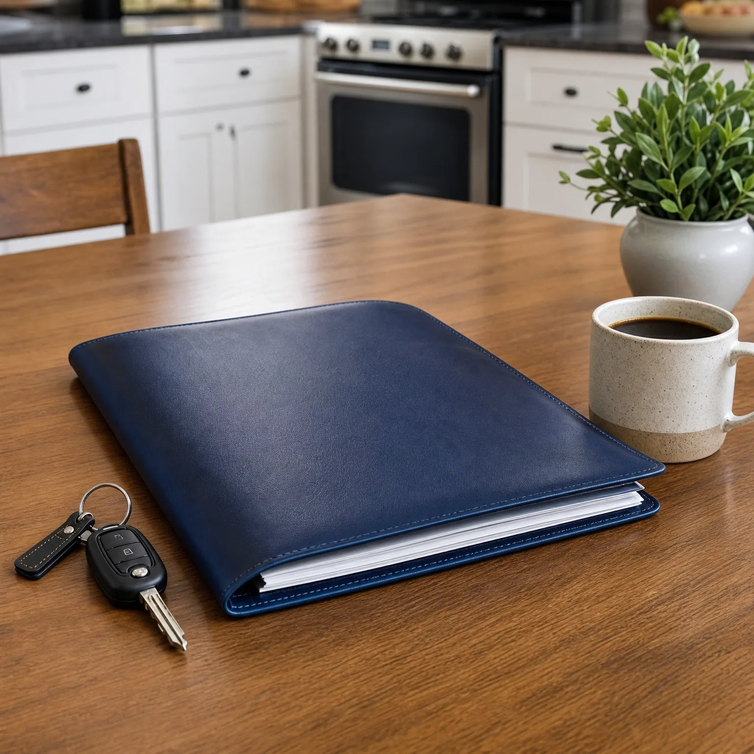 A navy leather folder holding white papers rests on a wooden table beside a car key with fob, a speckled mug of coffee, and a potted plant, with white kitchen cabinets and a stainless steel range blurred in the background.