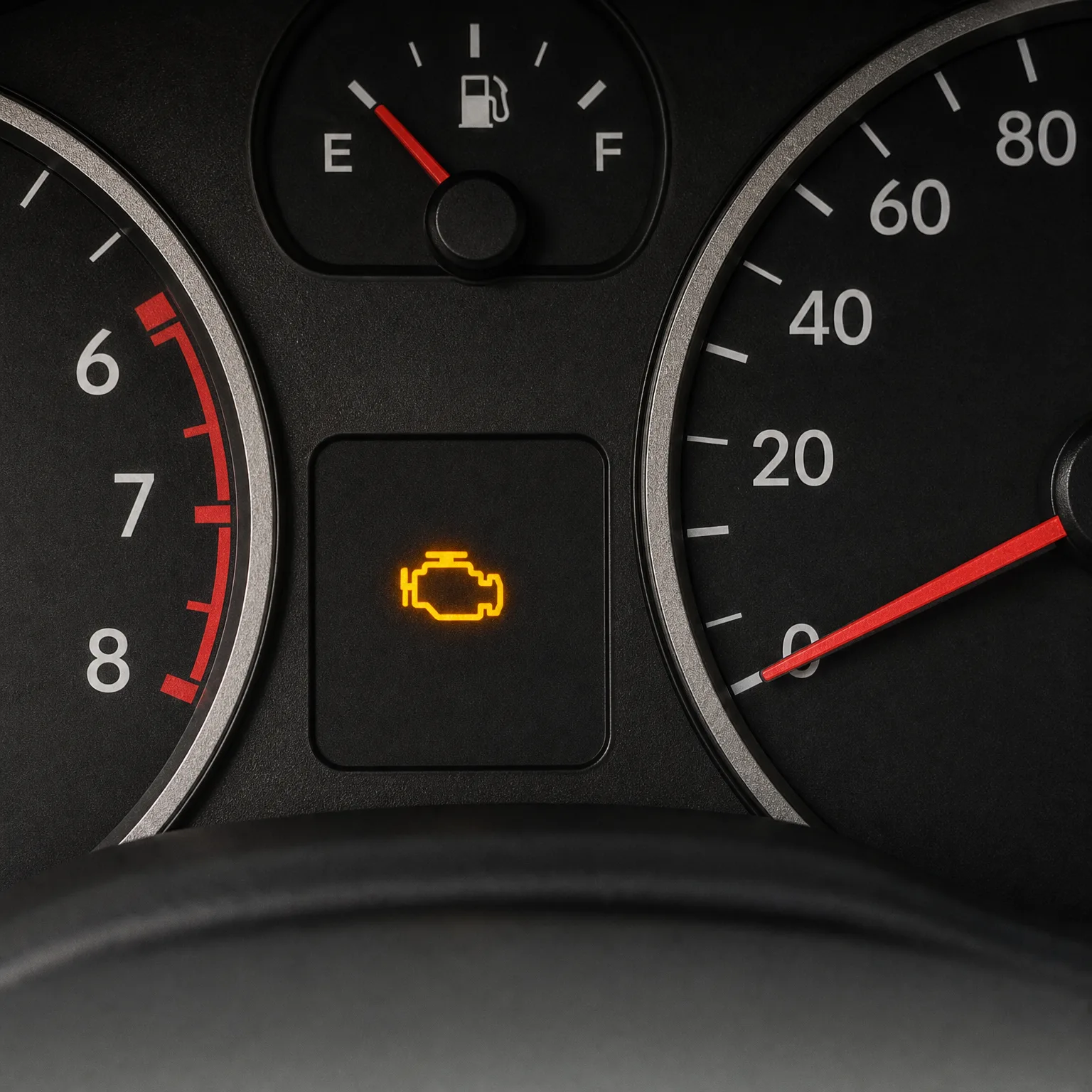 Close-up of a car instrument cluster showing a fuel gauge near empty, a tachometer, a speedometer at zero, and an illuminated amber engine-shaped warning light.